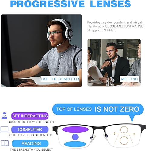 Miniatura 4 de Missfive Paquete de 2 lentes de lectura progresivos multienfoque de calidad para hombre, bloqueo de luz azul, bisagra de resorte para hombre, sin