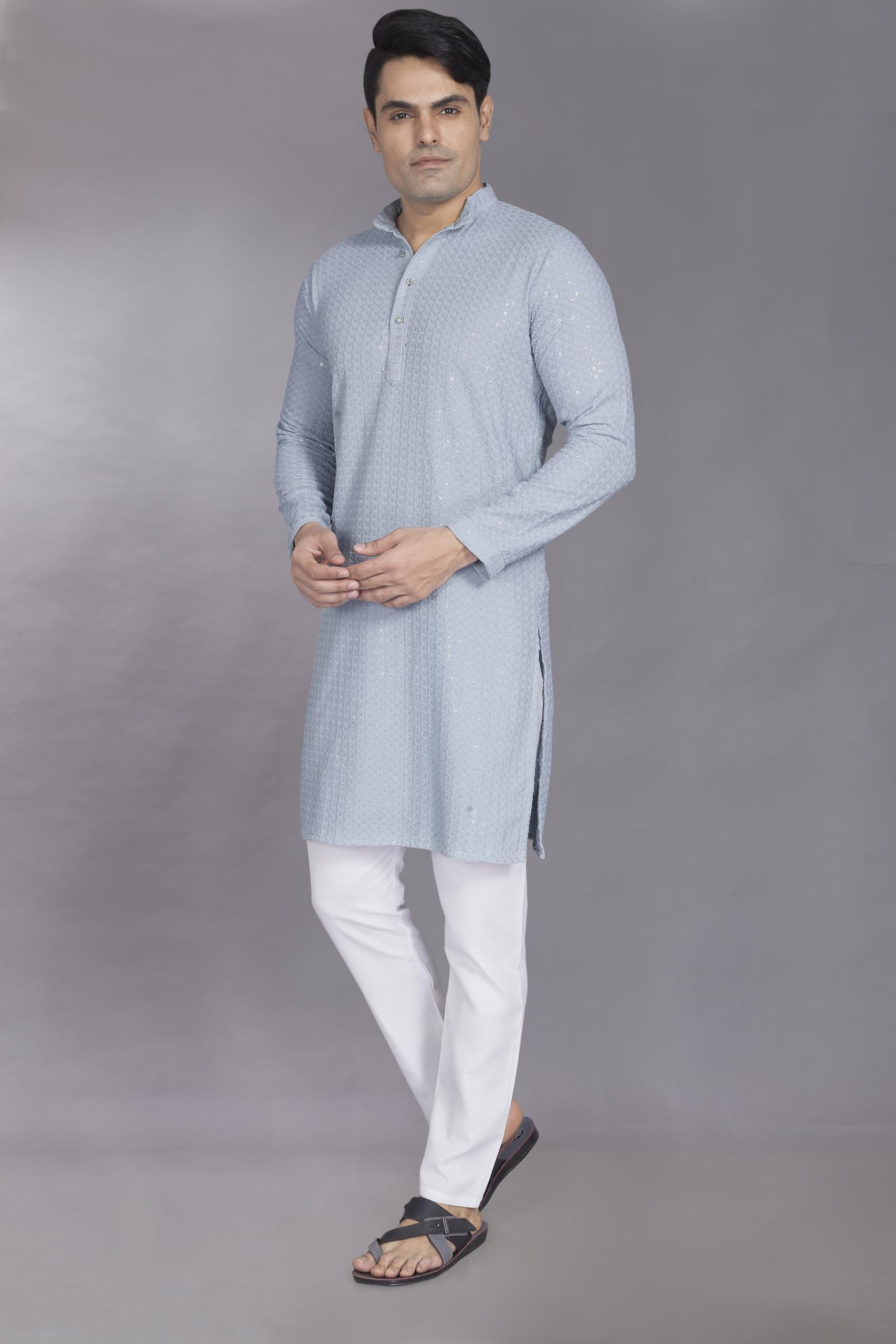Divisive Men's Sequince Embroidered Cotton Blend Only Slim Fit Kurta (Dkrt750_L_Sky Grey)