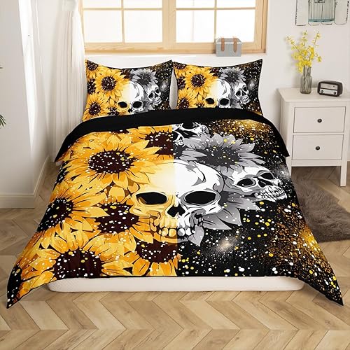 Miniatura 3 de Erosebridal Juego de ropa de cama de girasol dorado para niños, funda de edredón de calavera de azúcar, funda de edredón de hueso gótico, funda de