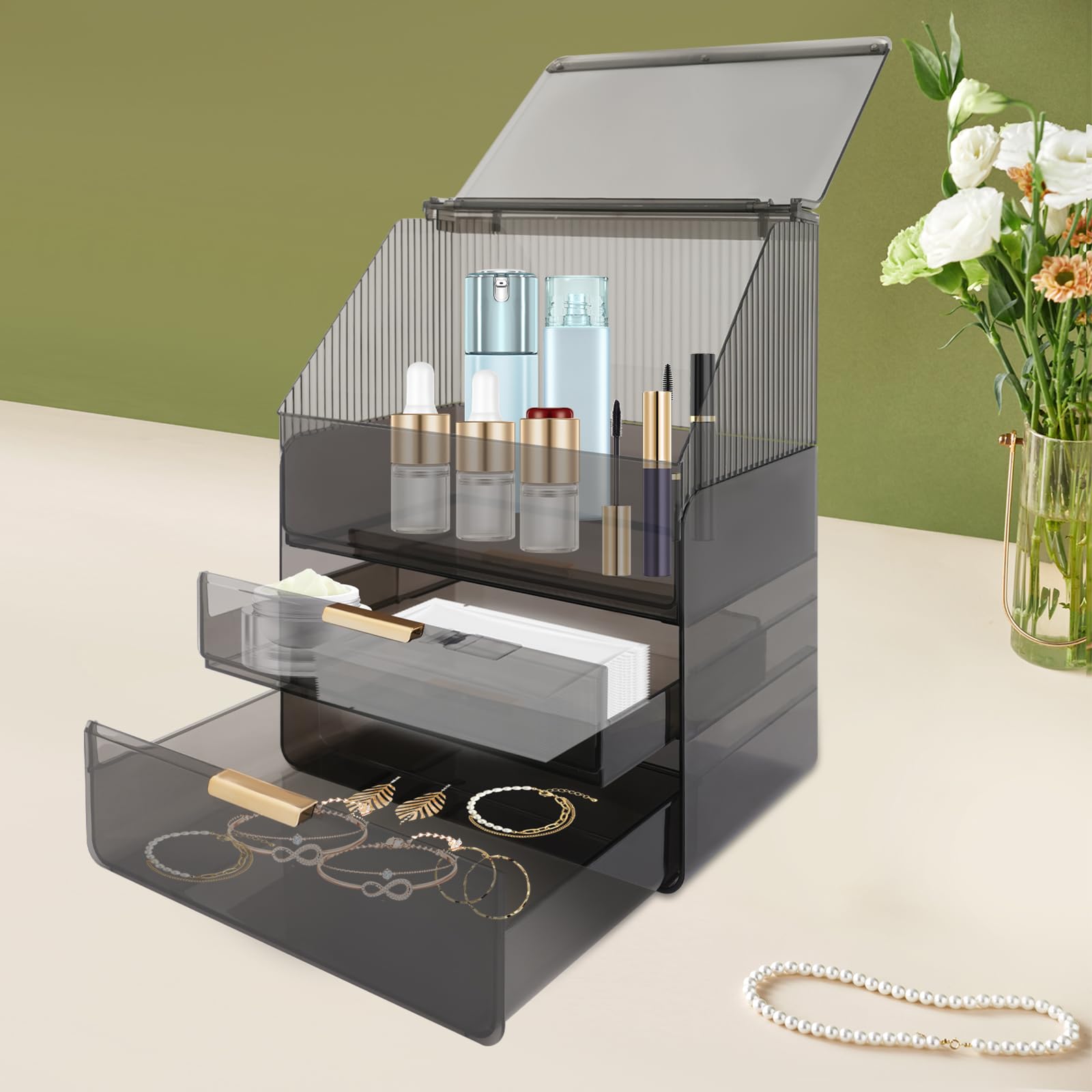 Schminktisch Organizer Make Up Kosmetik Makeup Organizers Schmink Make-up Organizer Schwarz, PET und ABS, Modern, Rechteckig, 2 Schubladen, 3 Ebenen, mit Lippenstifthalter, 30x19x37,2 cm