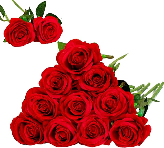Floralsecret 12 Pcs Artificial Roses Flowers Silk Flower Bouquet Fake Single Stem with Long Stem for Home Wedding Party Garden Decoration(Red)