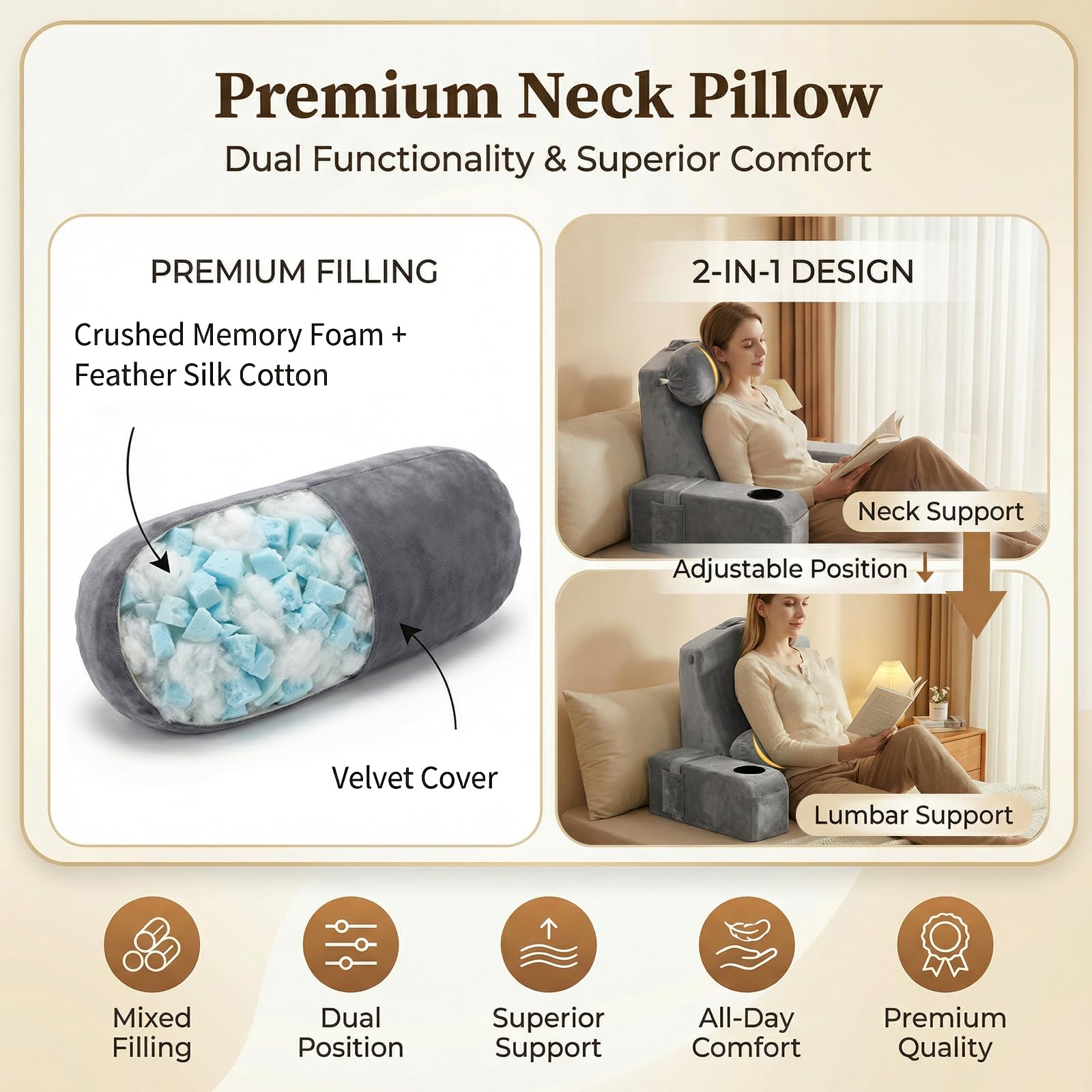 Lesekissen für Erwachsene - Rückenkissen fürs Bett mit abnehmbaren Armlehnen, Getränkehalter & Handyablage - Kissenrückenlehne für bequemes Sitzen im Bett (GRAU, 53 cm)