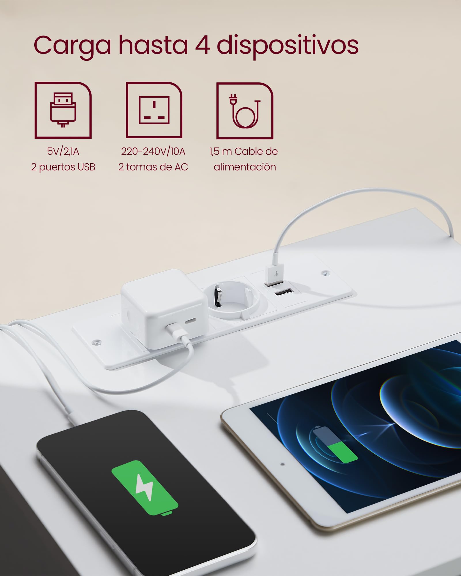 VASAGLE Kailyn Colección - Mesita de Noche con Estación de Carga, Mesa Auxiliar con 3 Cajones, 2 Tomas AC, 2 Puertos USB, Salón, Dormitorio, Estudio, Blanco Nube LET631W14V2
