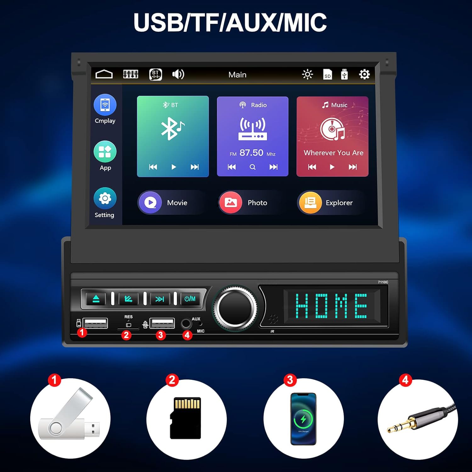 1 Din Autoradio Avec Lien Miroir Pour Ios-Android 5 Pouces Écran