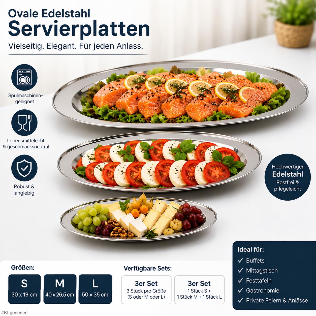 3er Set Ovale Edelstahl Servierplatten Größe L: 50 × 35cm