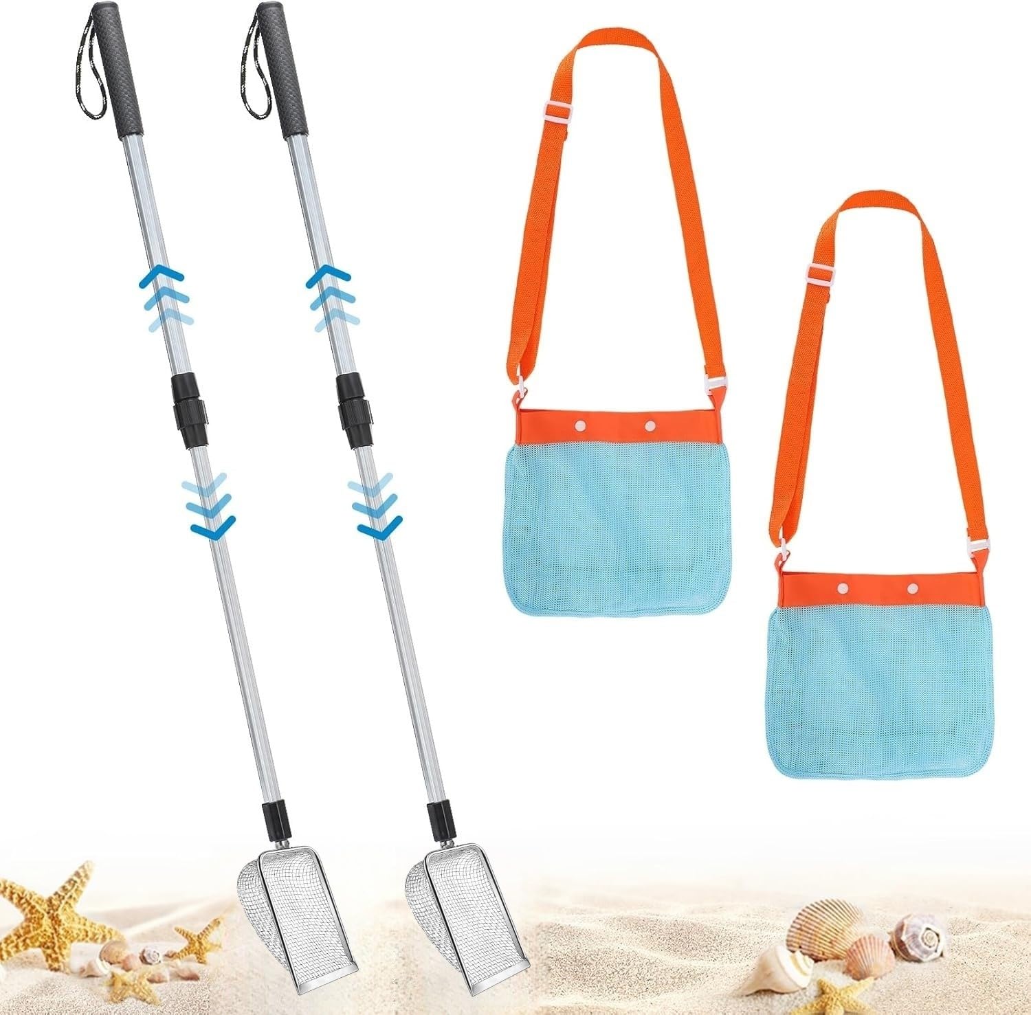KAHEIGN 2Pcs Sand Sifters with Seashell Bags, 55CM -106CM Adjustable Shark Tooth Sifter Mesh Shovel Scooper with Retractable Handle for Picking Up Shells Beachcombing & Rock Hunting