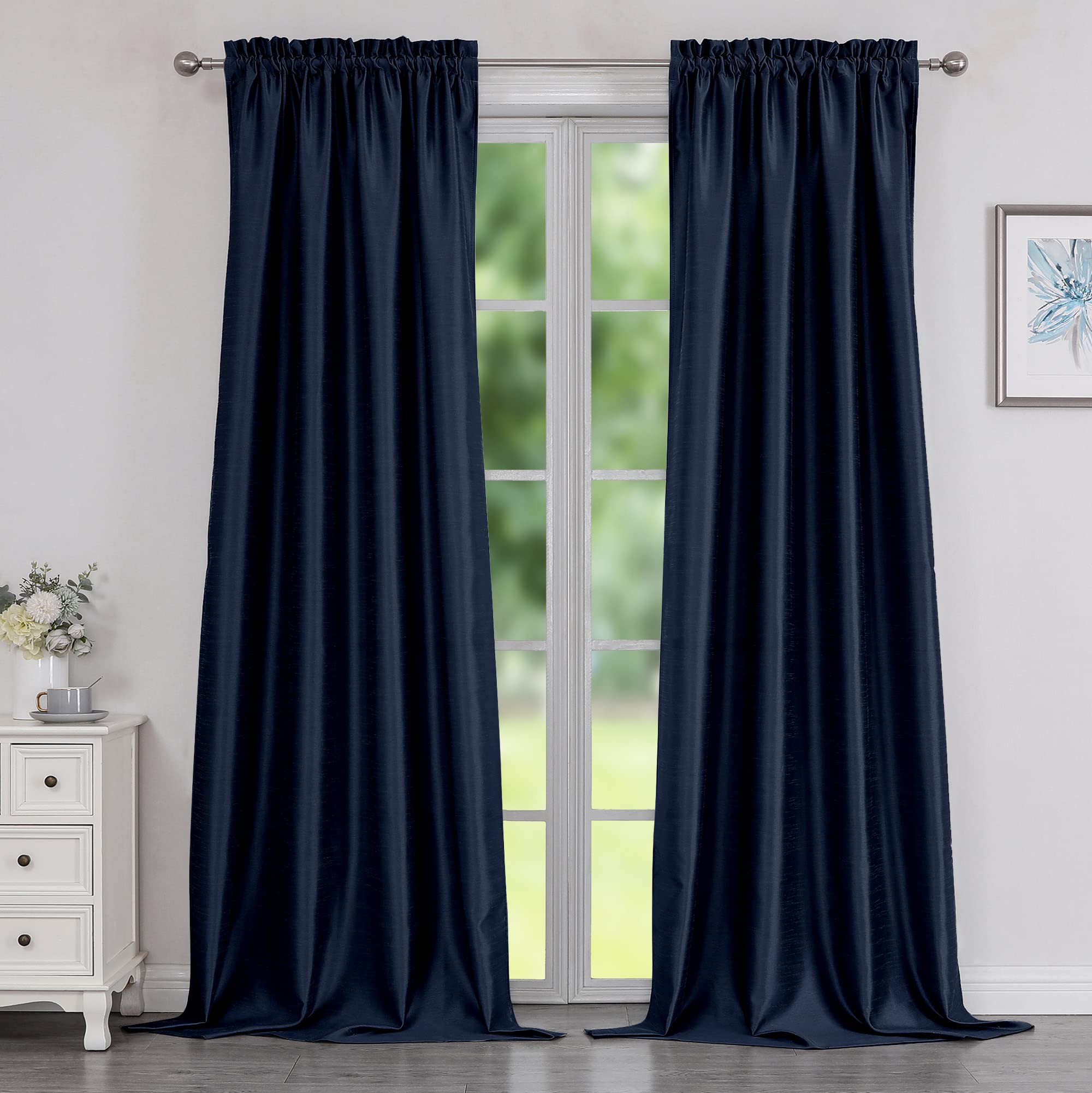 Chyhomenyc Uptown Navy Blue Faux Silk Curtains 96 Inch Length 2 Panels for Bedroom, Shiny Luxury Room Darkening Slub Textured Soft Fabric Rod Pocket Window Drapes, Each 40x96 Inches, 8 FT