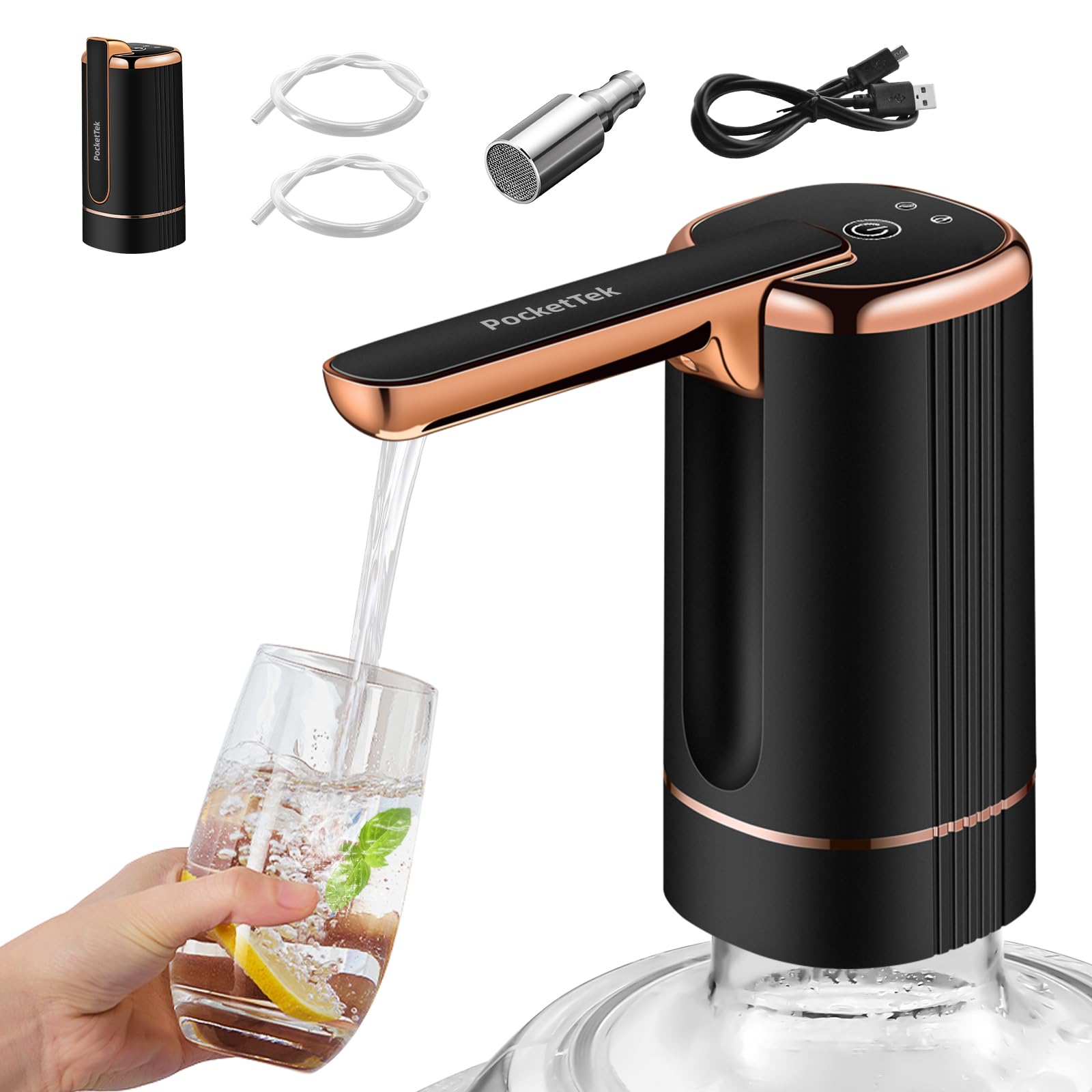 5 Gallon Water Pump Dispenser – Rechargeable & Foldable Electric Water Jug Pump, Type-C Water Bottle Pump with 2 Silicone Hoses & Stainless Steel Weight Sinker, for Camping/Home/Office(Black & Gold)