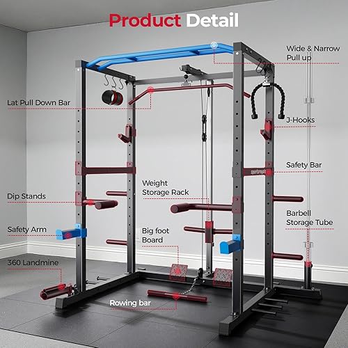 Vista 8 de Sportsroyals Jaula de Potencia, Rack de Potencia Multifuncional de 1600 libras con Sistema de Cruce de Cable Ajustable y Más Accesorios de Azul