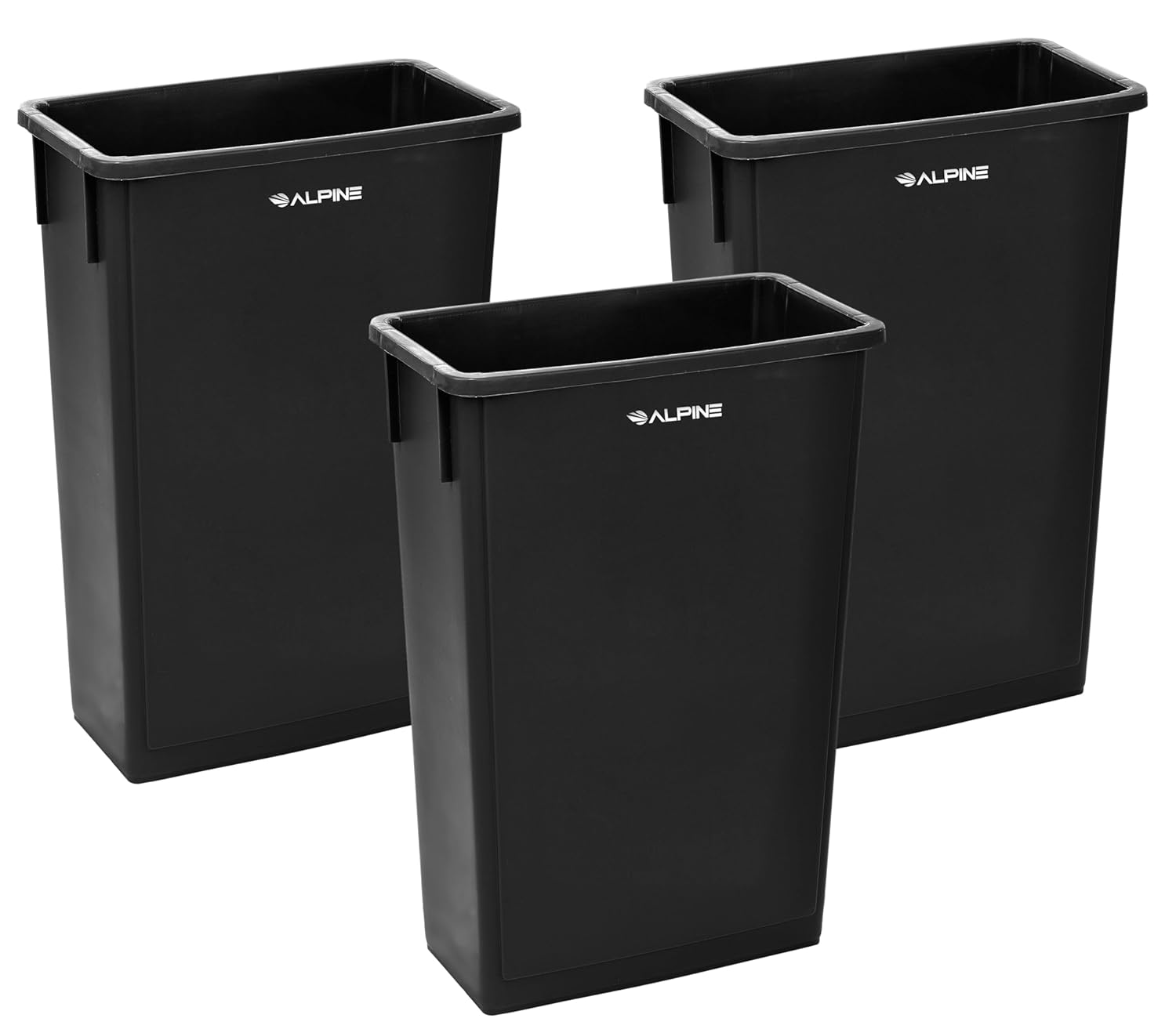 Alpine 23 Gallon Slim Trash Can - Open Top 3 Pack Slender Commercial Garbage Bin - Heavy Duty Plastic for Homes Offices and Other Commercial Space (Black)