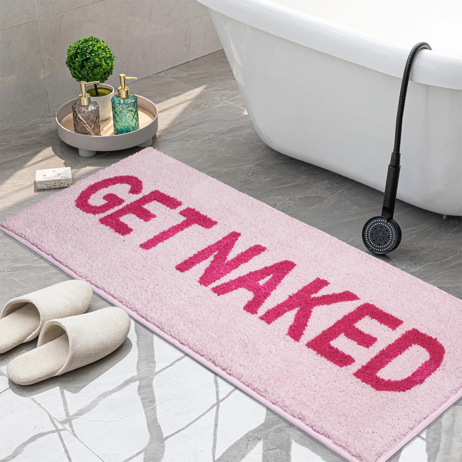 Get Naked Bath Mat Runner Non Slip Shaggy Cute 18" x 47" Long Absorbent Pink Bathroom Runner Machine Washable Soft Naked Carpets for Shower โ image 1