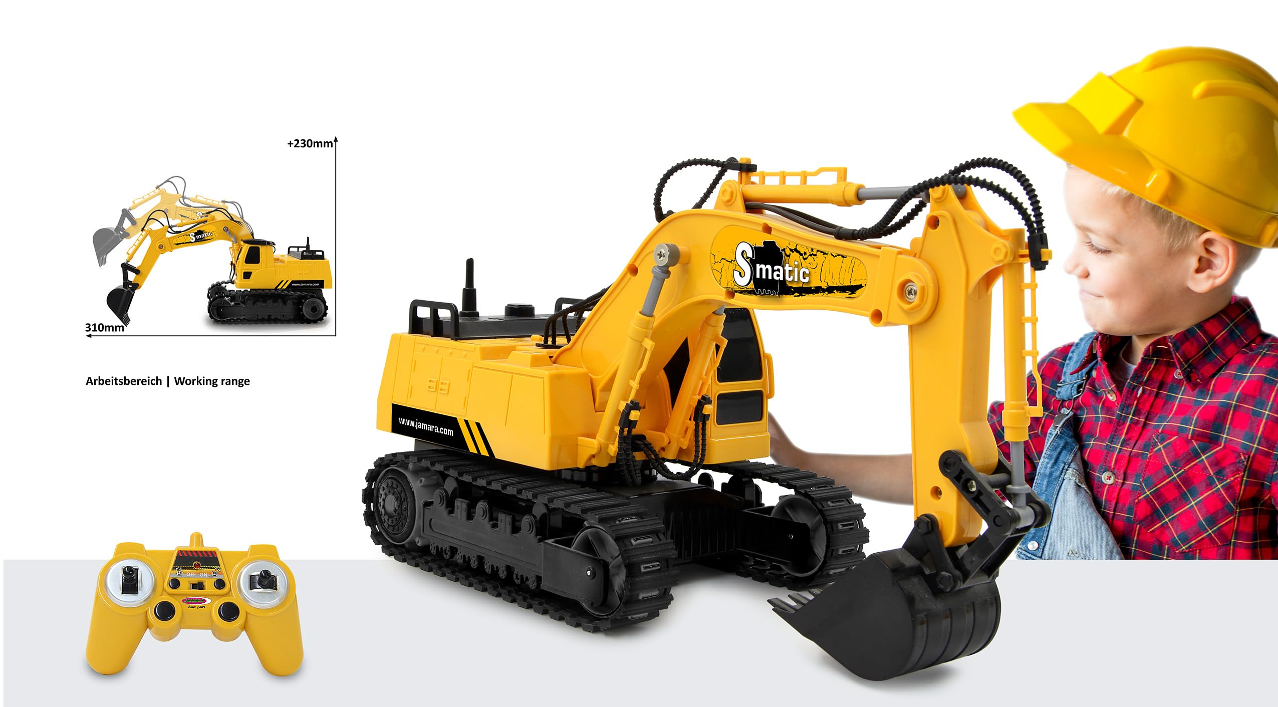 JAMARA S-Matic - Excavadora de 2,4 GHz, rotación de Torre de 360°, Carga/Descarga, Color Amarillo