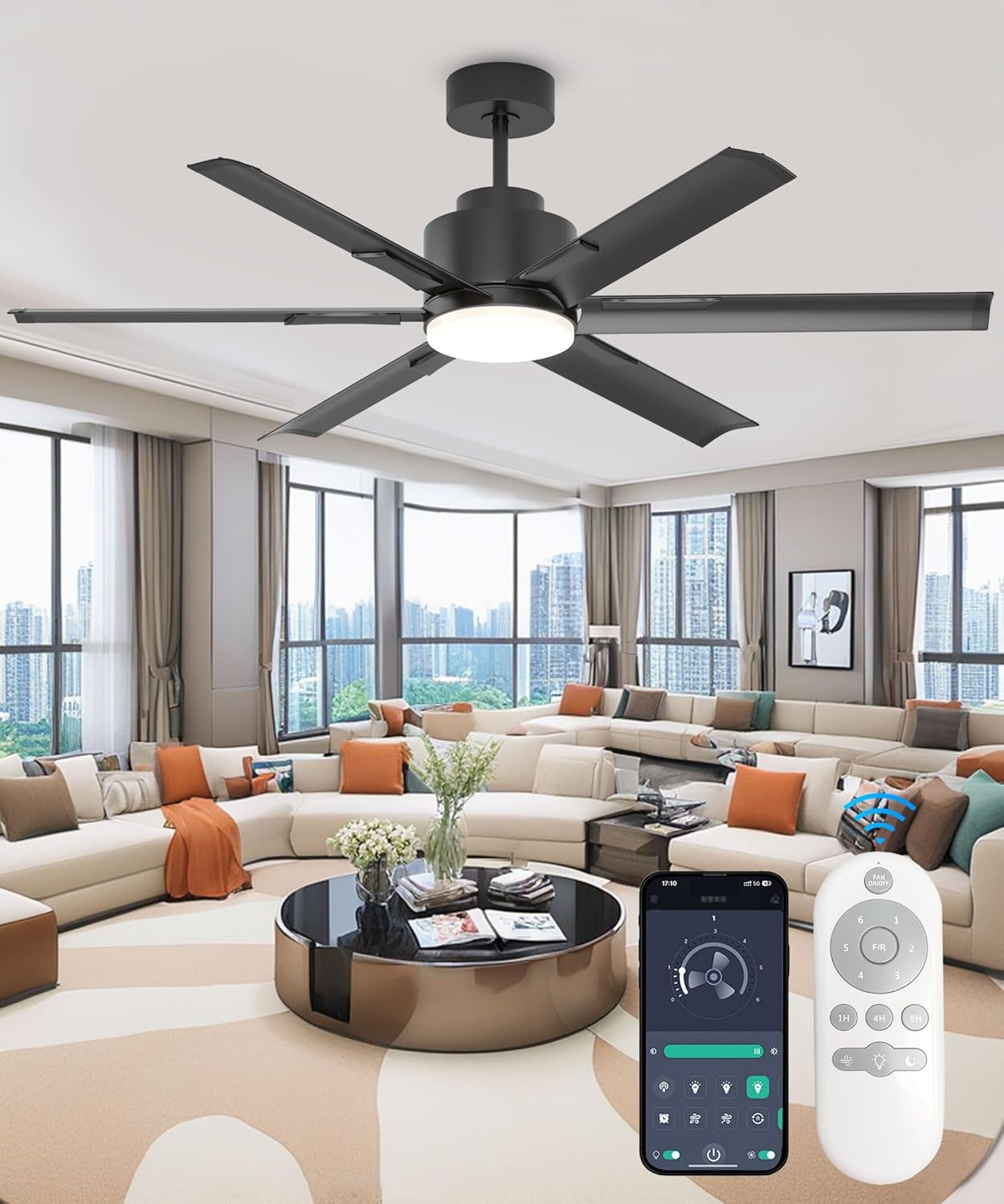 JAYNLT 60 Inch Ceiling Fan with Light High CFM Industrial LED Fan Lights with 6 Aluminium Blades Remote