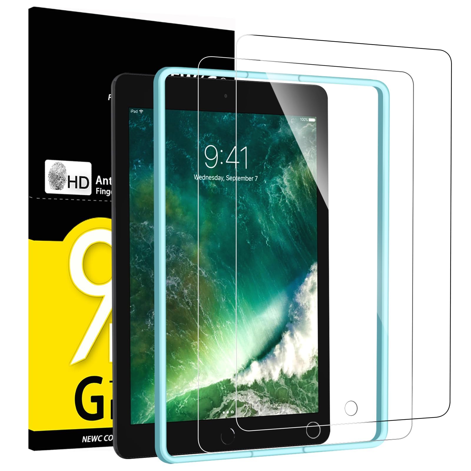 NEW'C zestaw 2 szt., osłona ekranu z hartowanego szkła do iPada 9.7 (model 2018/2017), iPad 6, iPad 5, iPad Pro 9.7, iPad Air 2 / iPad Air, folia ochronna na ekran - dostępne narzędzie do wyrównania