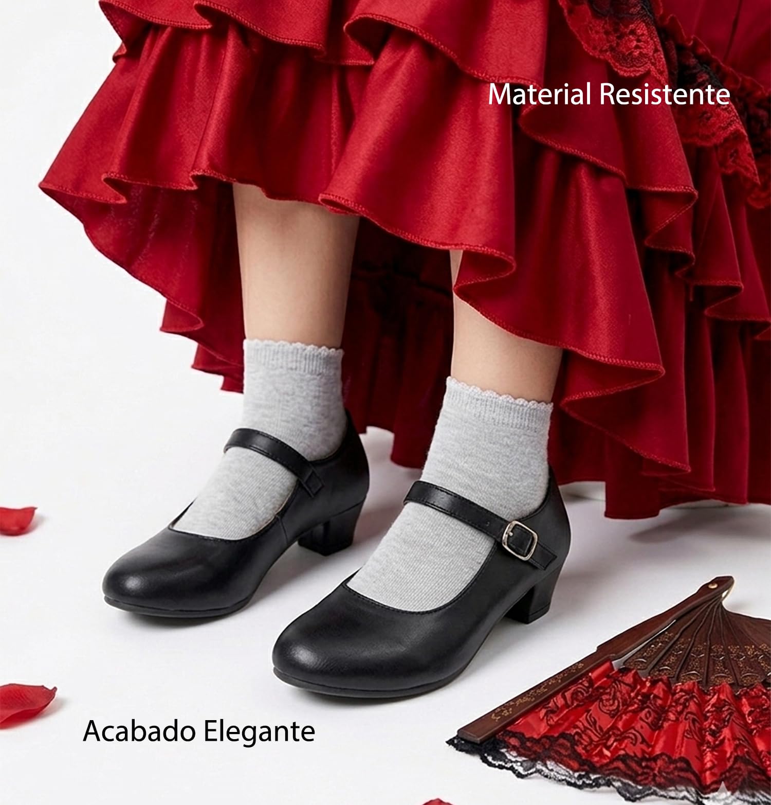 Zapatos Flamenco Niña Baile Danza Sevillanas con Tacón Correa Ajustable, Suela Antideslizante