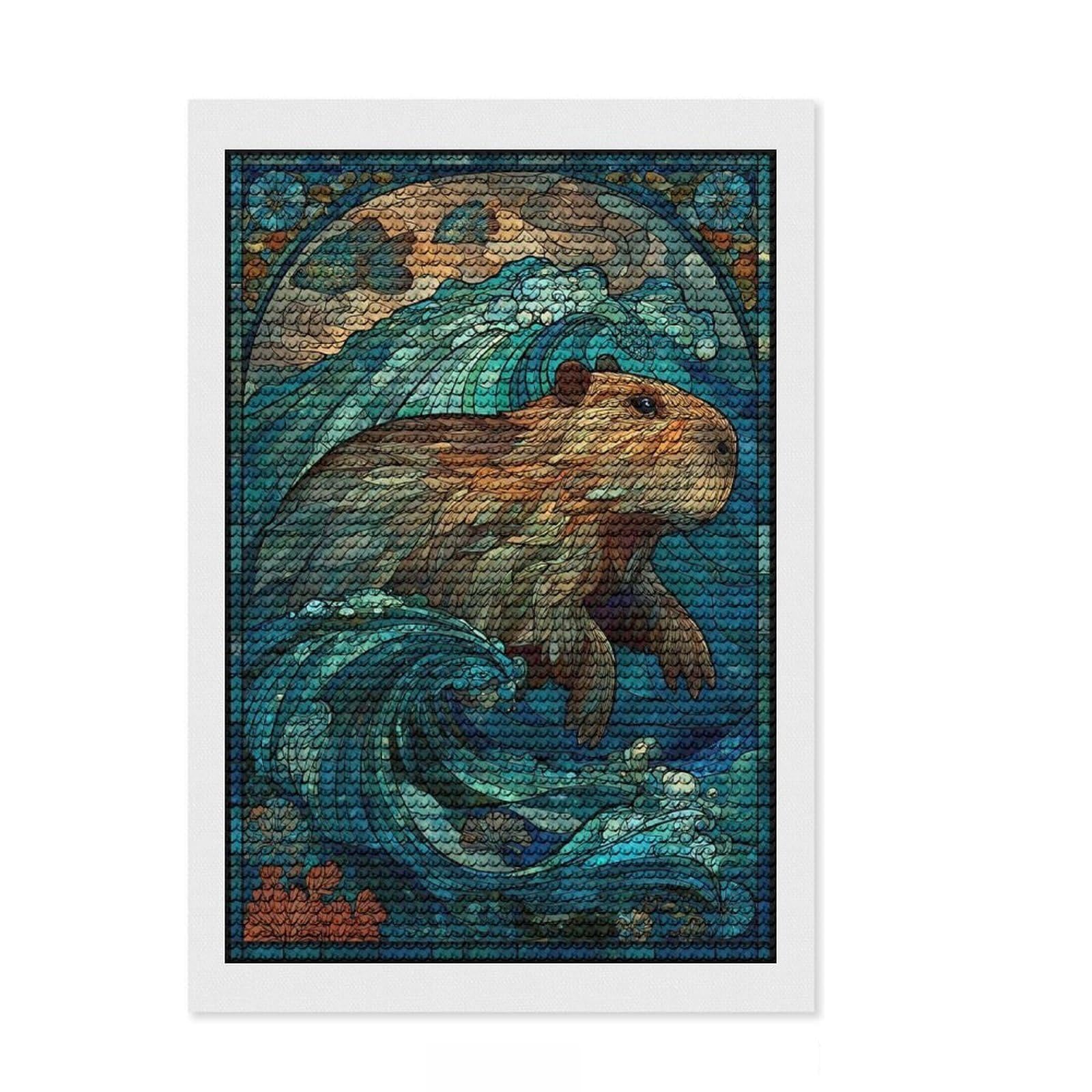 Junmoney Stained Glass Capybara Waves Diamond Painting Set 8"x12", Relaxing DIY Hobby, Farmhouse Decor, for Creative Relaxation, Birthday Gift