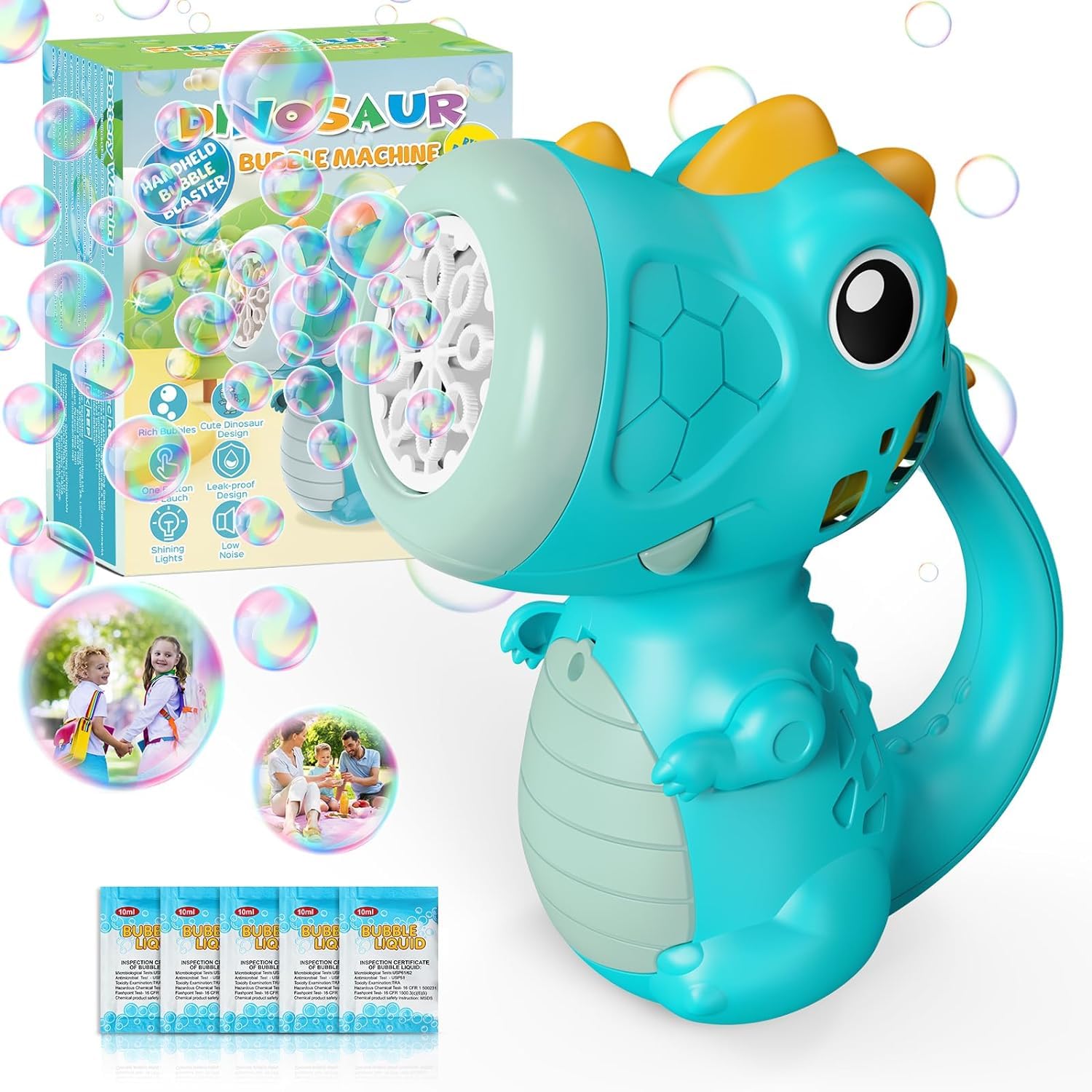 Bombble Dino Seifenblasenspielzeug Kleinkind, Dinosaurier Seifenblasenmaschine 5000+ Blasen/Min mit Seifenblasenlösung für Hochzeit/Camping/Party, Outdoor Geschenk für Junge&Mädchen 345678