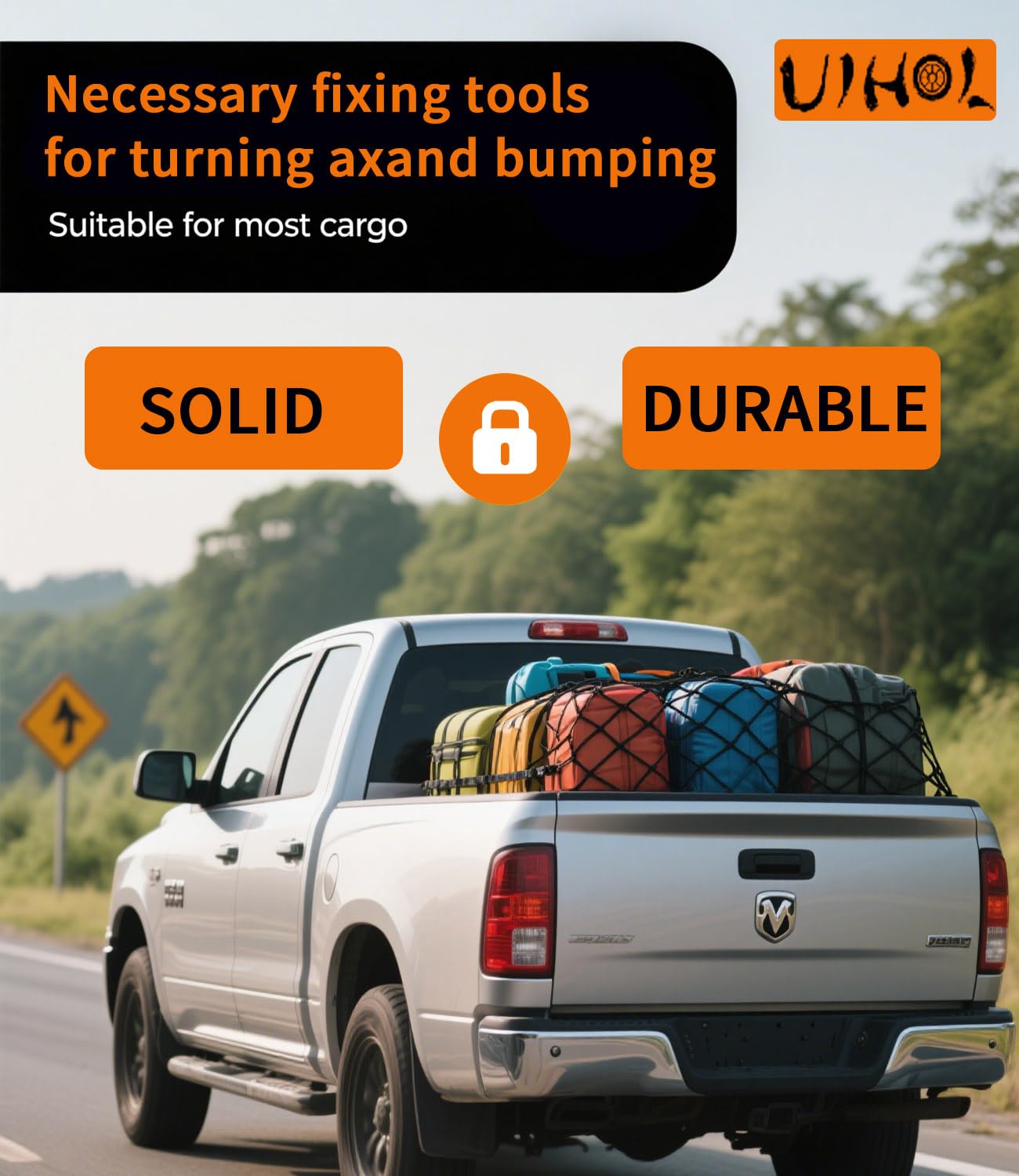 Siatka bagażowa na pickup i samochód, podwójnie rozciągliwa, 1,2 x 1,2 m do 2,3 x 2,3 m, z 6 stalowymi karabińczykami + 4 hakami ABS, do ATV, SUV, UTV, łodzi