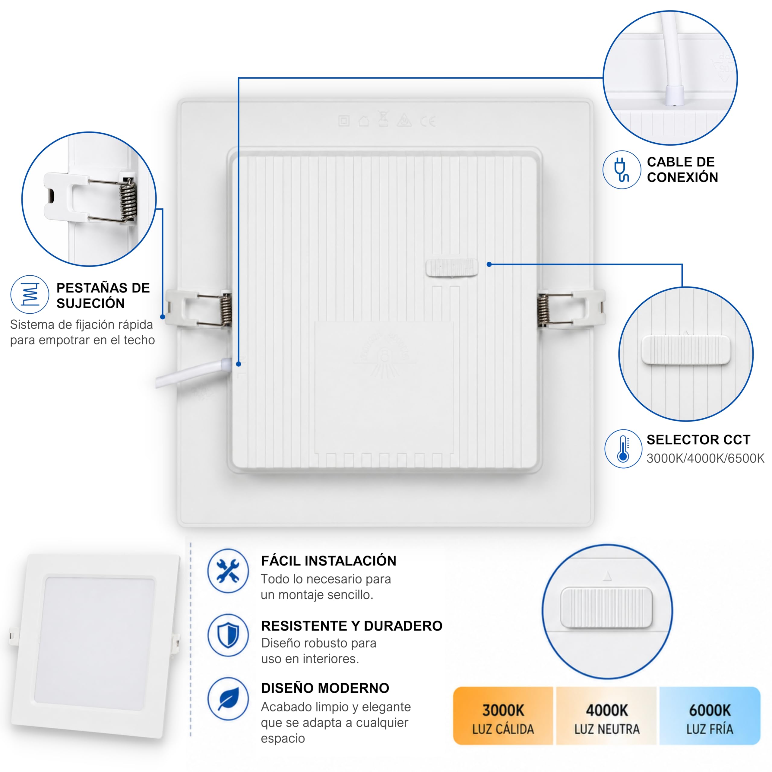CLAR - Downlight LED Techo Cuadrado 20W, Downlight Cuadrado, Focos LED Cuadrados Empotrables, Iluminación Empotrable de Interior, 3 Tonalidades CCT (3000ºk-4000ºk-6500ºk) (Pack 10)