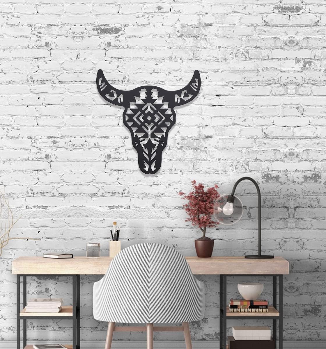 ORIGACH Black Metal Western Cow Skull Art Decor Cool Wall Hanging Western Rustic Metal Bull Head Wall Sculptures Decor for Living Room Bedroom Kitchen Garden Gift Idea, 12 inch