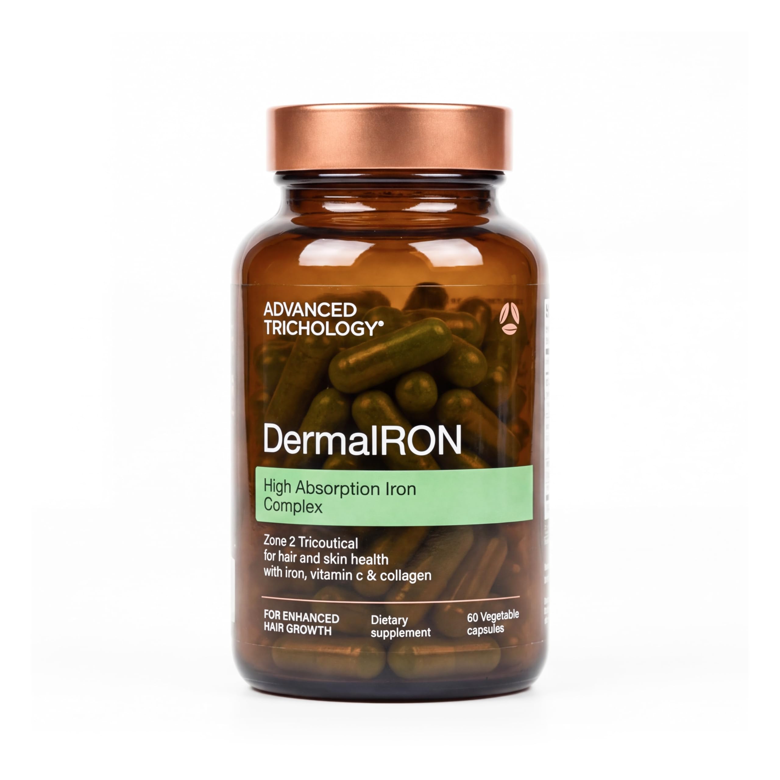 Advanced Trichology Derma-Iron Supplement for Women and Men - Iron blood builder pills for hair and skin with Collagen and natural Vitamin C, low iron and ferritin, thinning hair, hair loss support