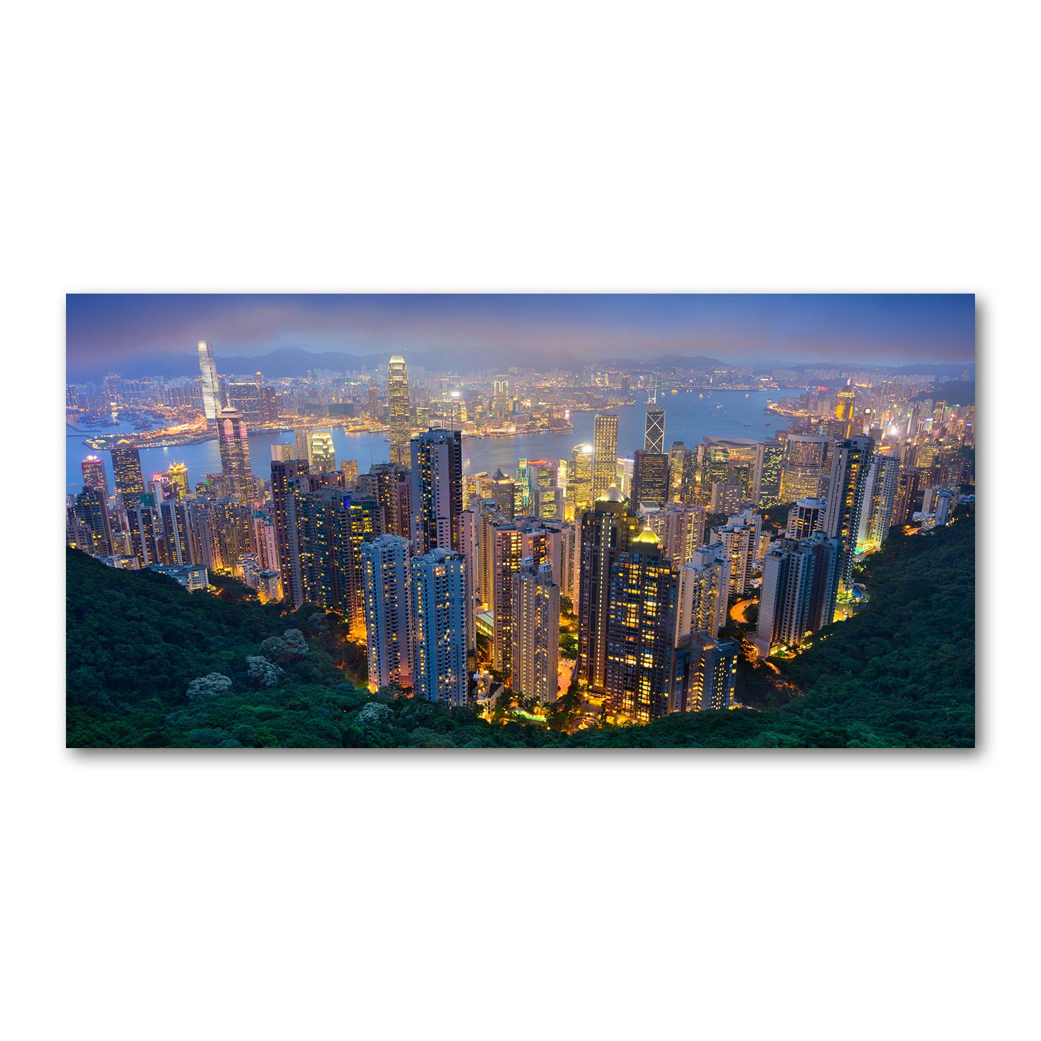 Tulup Peinture sur Verre trempé 140x70 décoration Murale Tableau Image - Hong Kong De Nuit