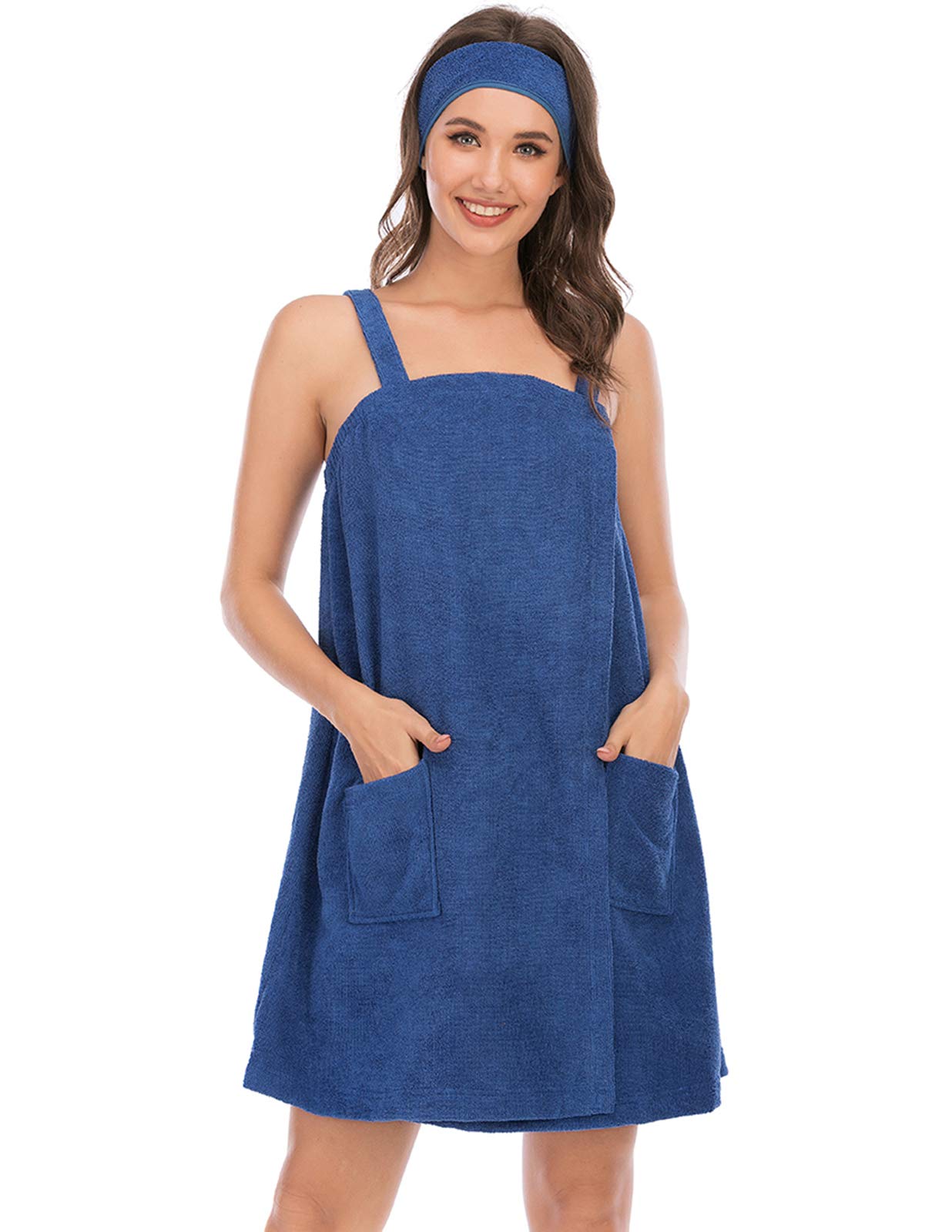 HALCYEEN Womens Bath Wrap with Straps Adjustable Closure Soft Cotton Lightweight Robe with Hair Band Towel Bathrobe (S-XL)