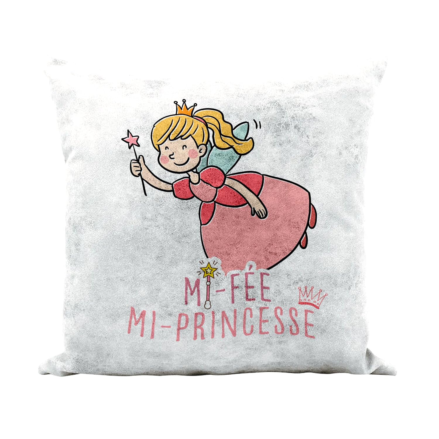 Coussin similicuir blanc cadeau d'anniversaire fille dessin Mi-Fée Mi-Princesse 40 x 40 cm