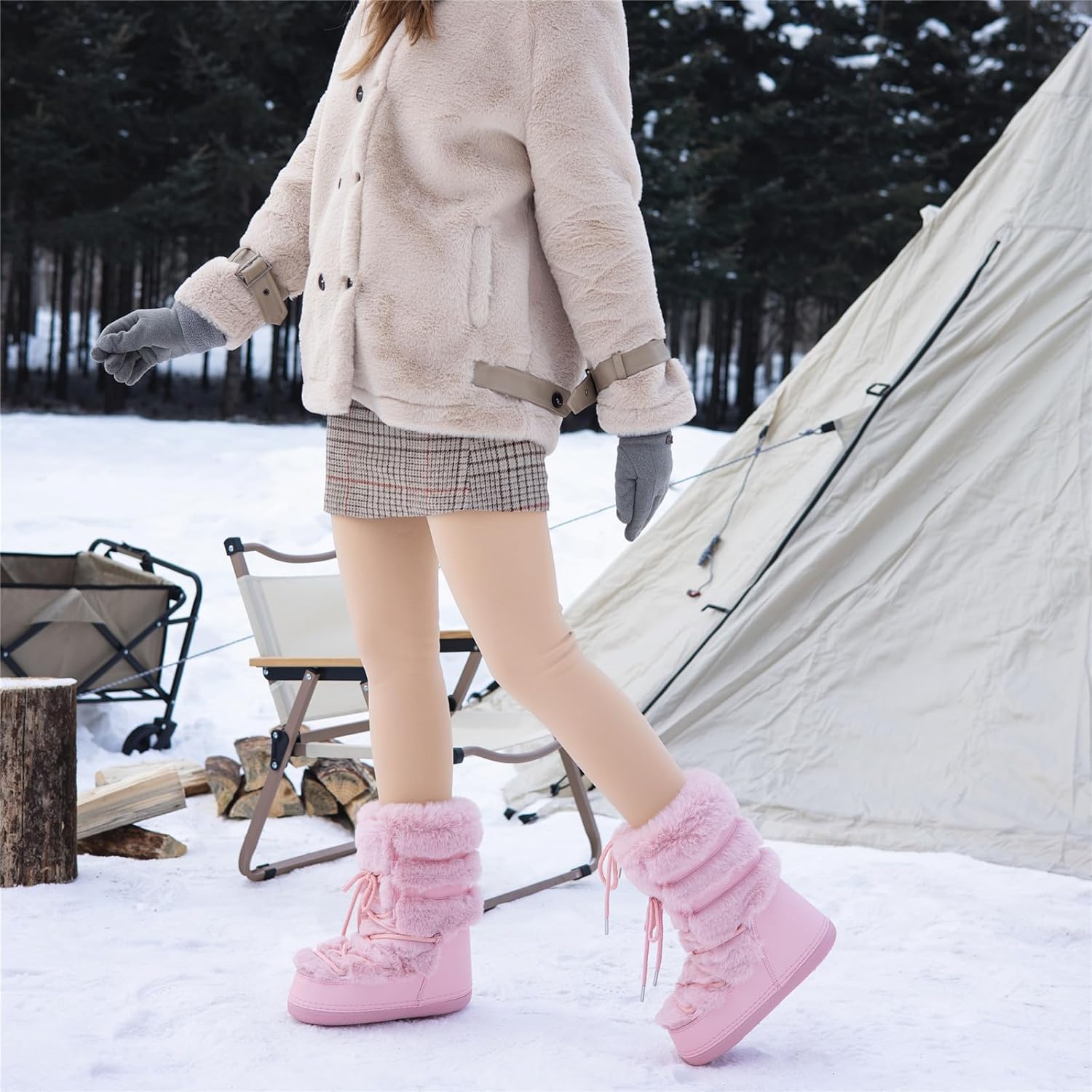 Snow Boots for Women,Winter Furry Faux Fur Boots Winter Black White Pink Fur Lined Lace-up Mid-Calf Non-Slip Fuzzy Boots - Image 8