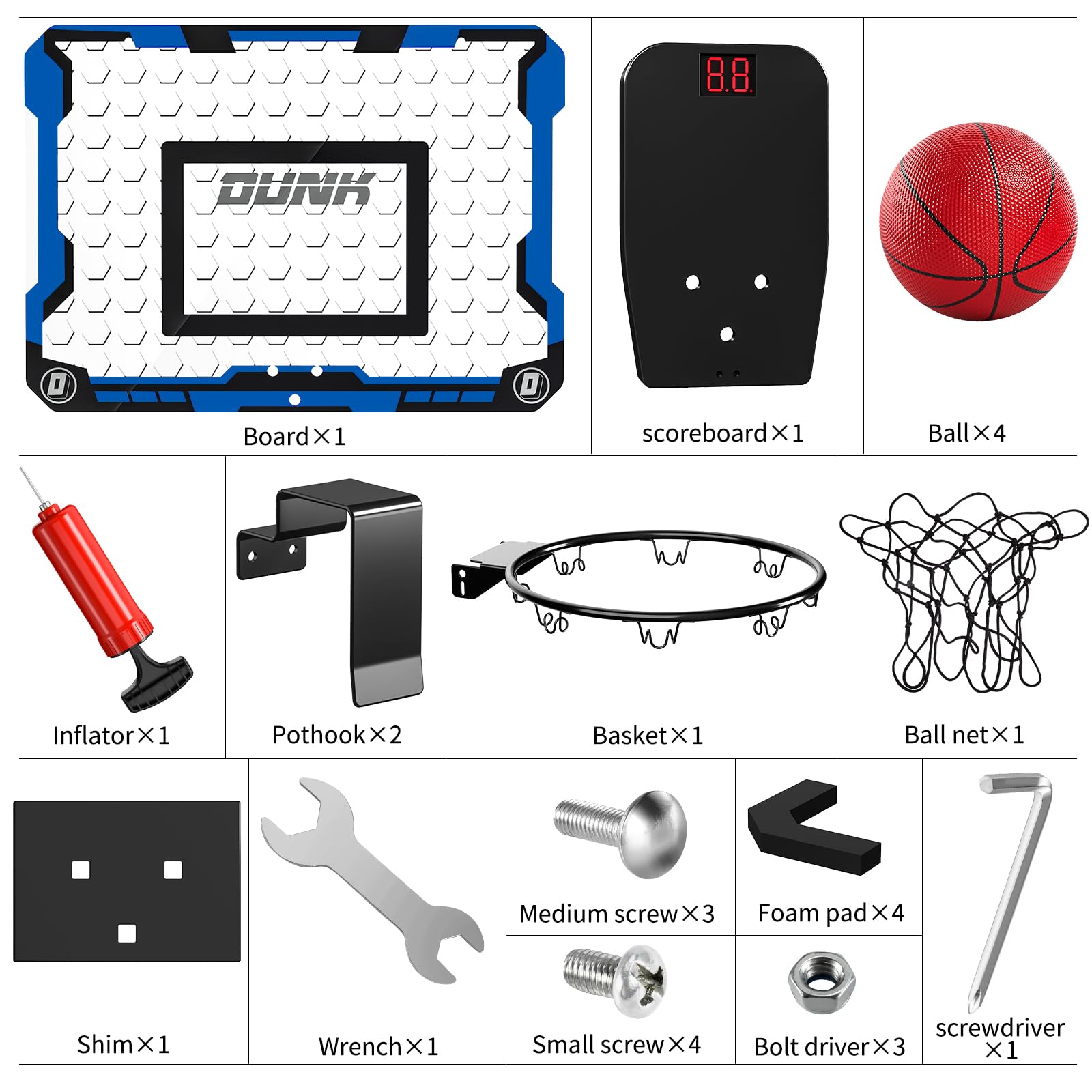 TEMI Canasta de baloncesto para interiores, minicanasta de baloncesto con 4 pelotas, sobre la puerta, tablero de baloncesto para niños y adultos, juguete de baloncesto para niños y niñas, edad 3, 4,