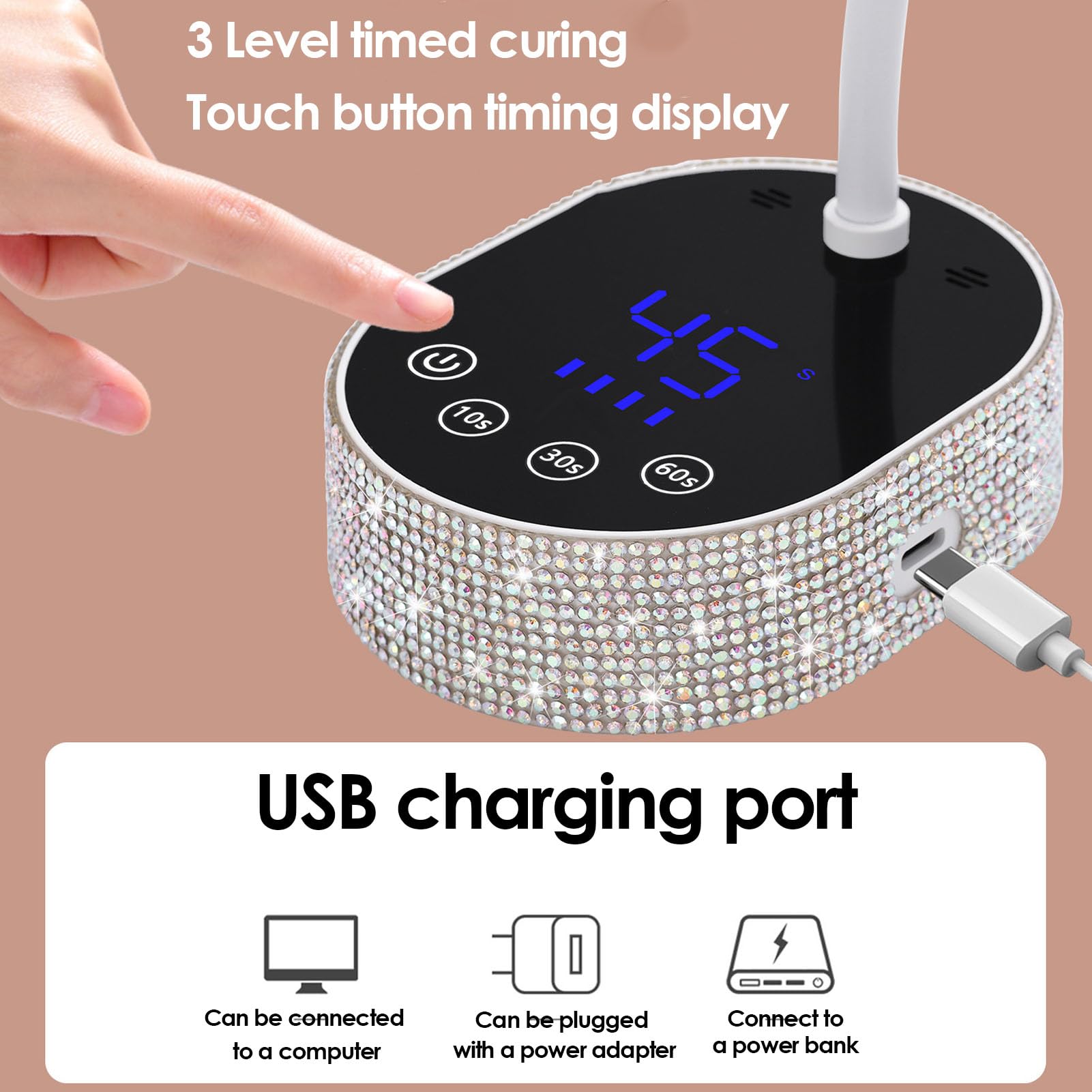 Fabater 36W LED-UV-Nagellampe, Flexibles Schwanenhals-UV-Licht für Gelnägel, USB-wiederaufladbarer Tragbarer Gel-Trockner für Reisen zu Hause Im Salon (Silberner Strassstein)