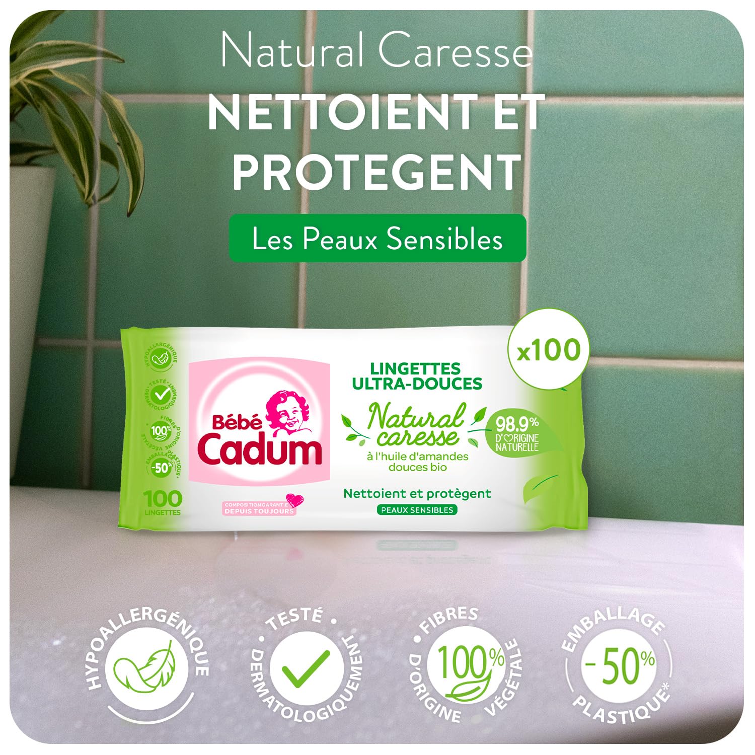 Bébé Cadum Lingettes à l'Huile d'Amande Douce Bio, Pour Visage, Corps et Mains, Hypoallergéniques, Lot de 8 x 120 Lingettes