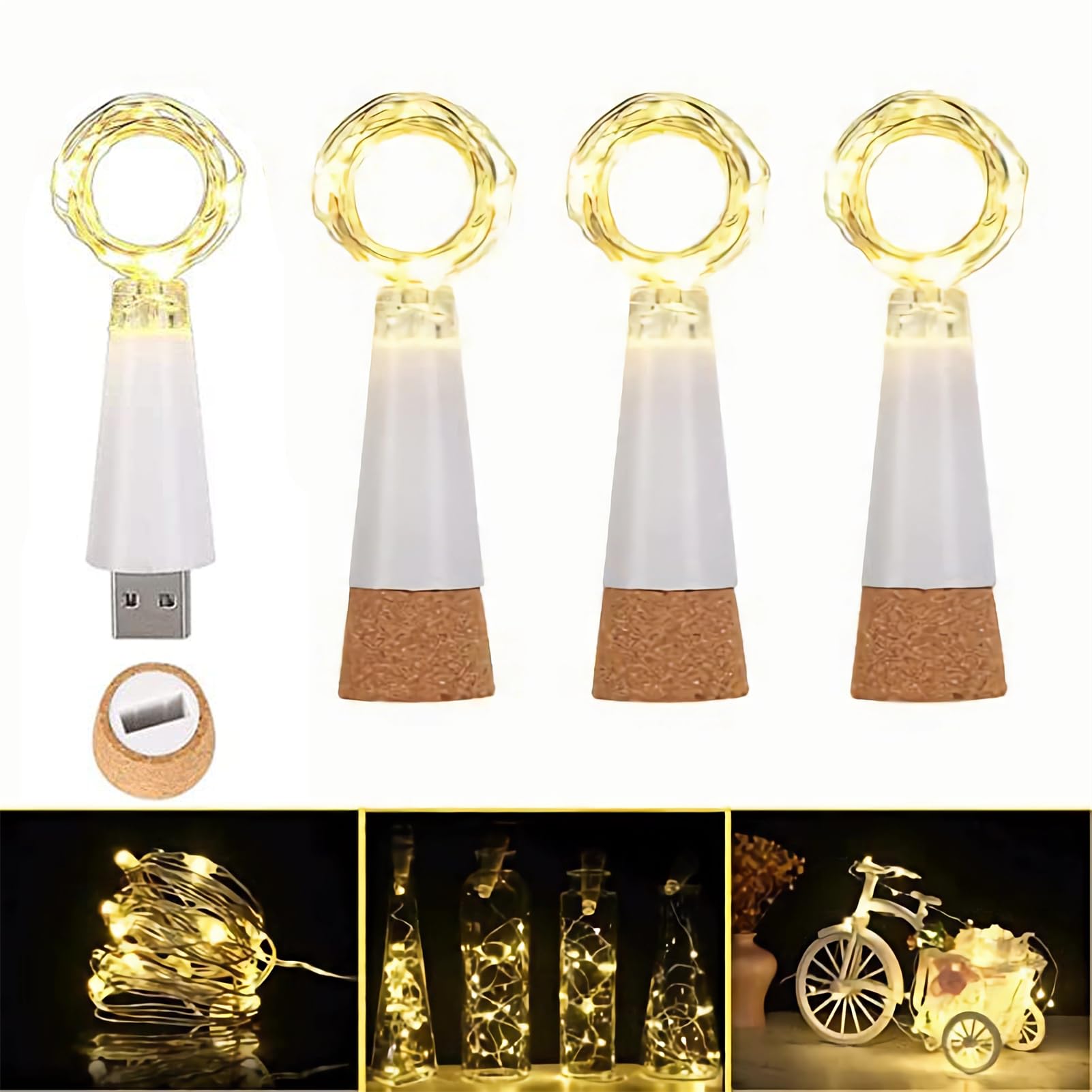 TERRIFI 4 Pack Rechargeable USB Bottle Lights - 20 LED, 6.6ft/2M Copper Wire, Waterproof Warm White Fairy Cork String Lights, Ideal for Indoor and Outdoor Party, Wedding Decorations