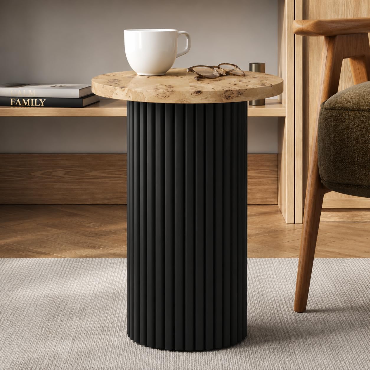 Photo 1 of *Brown* Stead Round Fluted Accent Side Table - Slim Fluted Accent Piece for Narrow Spaces - Oak End Table for Living Room & Bedroom - 17" Round Top, Black with Burl Top