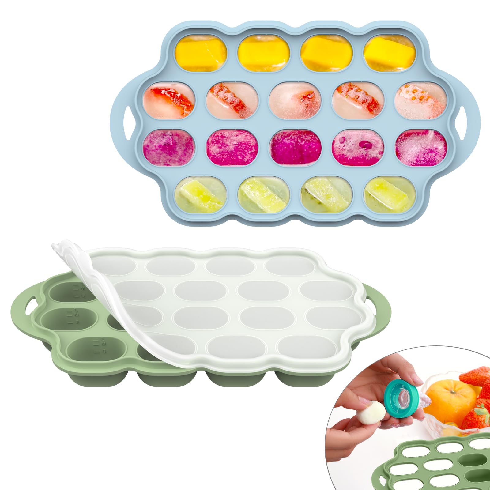 Silicone Baby Food Freezer Tray 2 Pack, Small Ice Cube Trays with Lid for Baby Fruit Food Feeder,Nibble Freezer Tray for Breastmilk Popsicle Mold and Baby Food Storage Container, BPA-Free