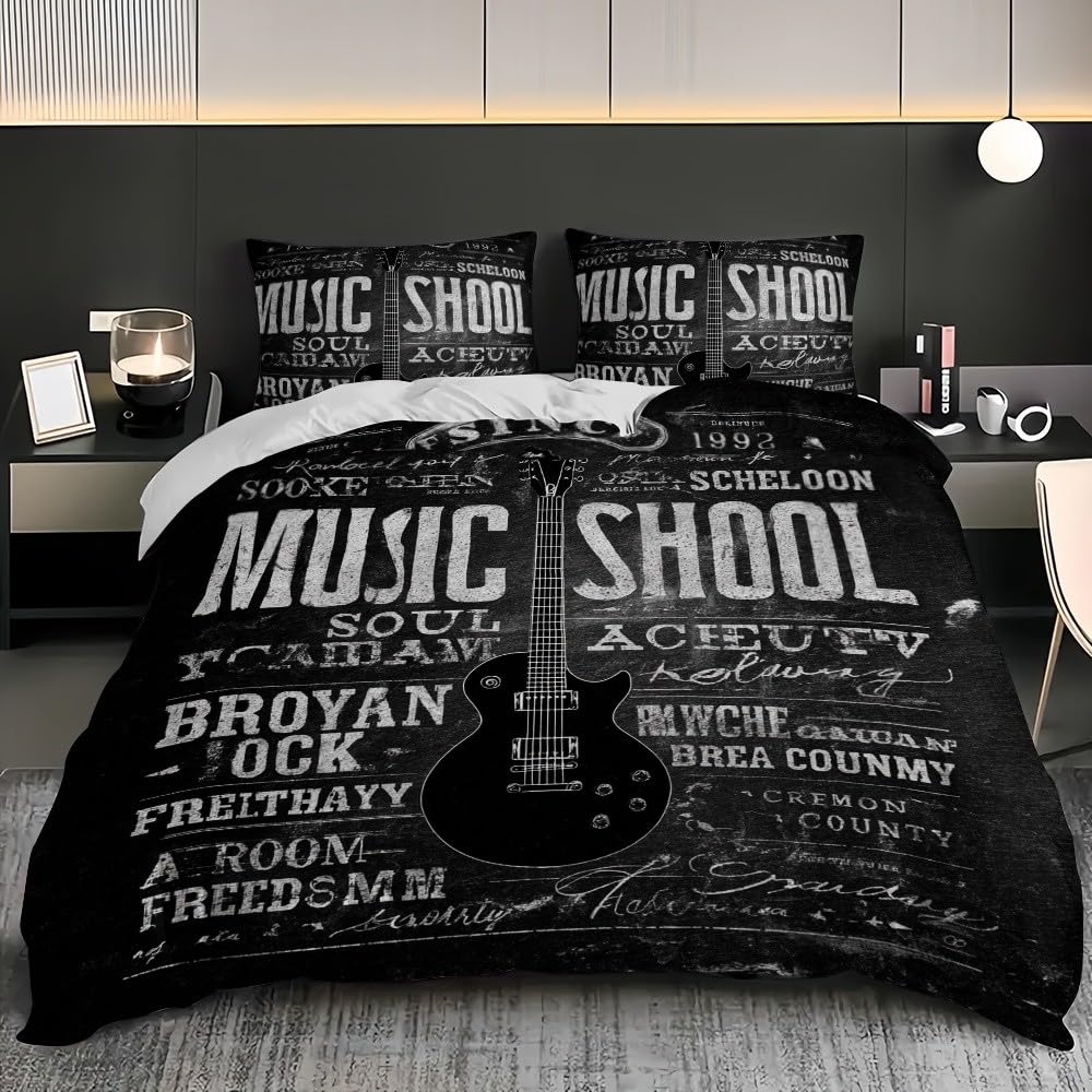3D Funda nórdica 240x220 cm Tema De MúSica Retro Funda nórdica con Cremallera, 3 Piezas Negro Ropa de Cama de Microfibra Cama 150cm Ultra Suave para niños Adolescentes y Adulto