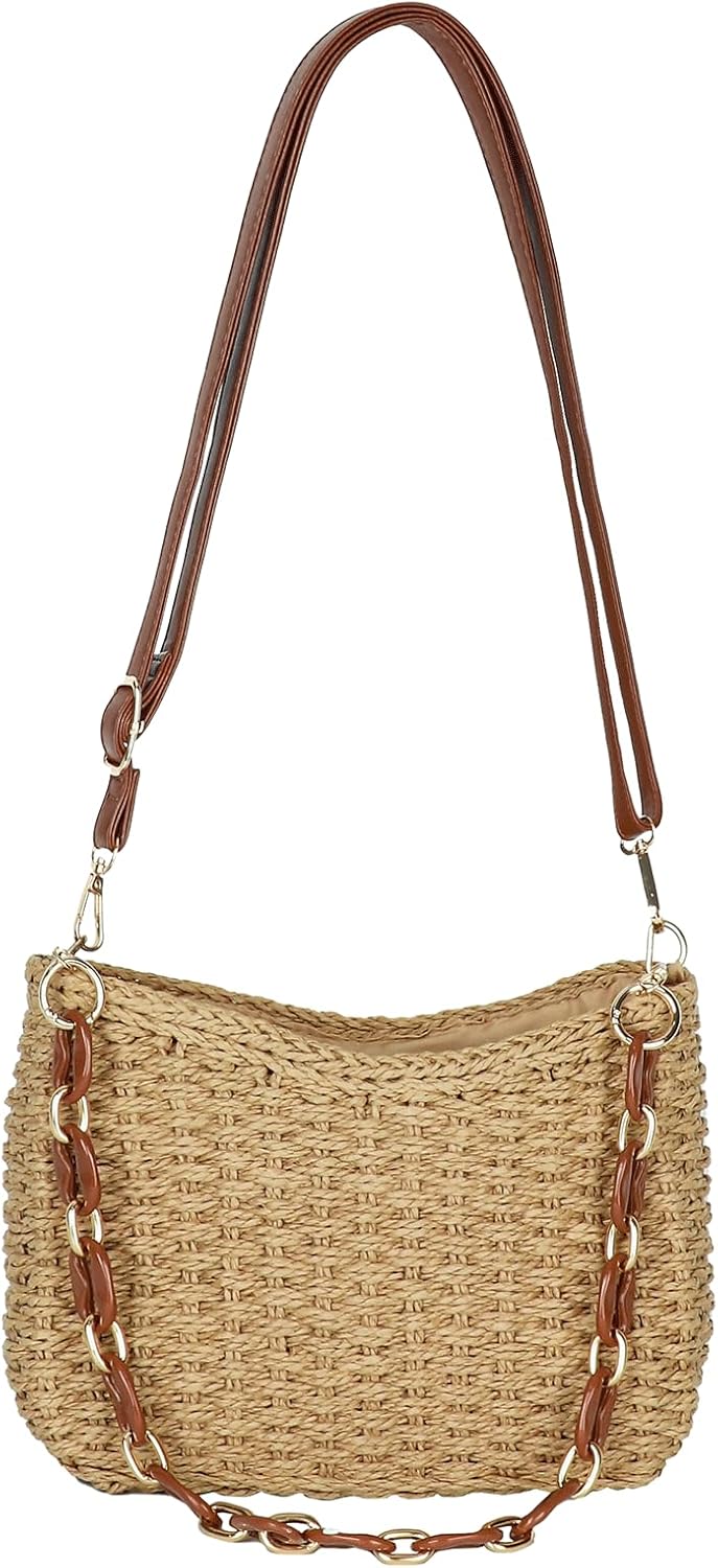 Womens Straw Woven Shoulder Bag Summer Beach Travel Crossbody Handbag Satchel Purse Tote for Shopping Camping