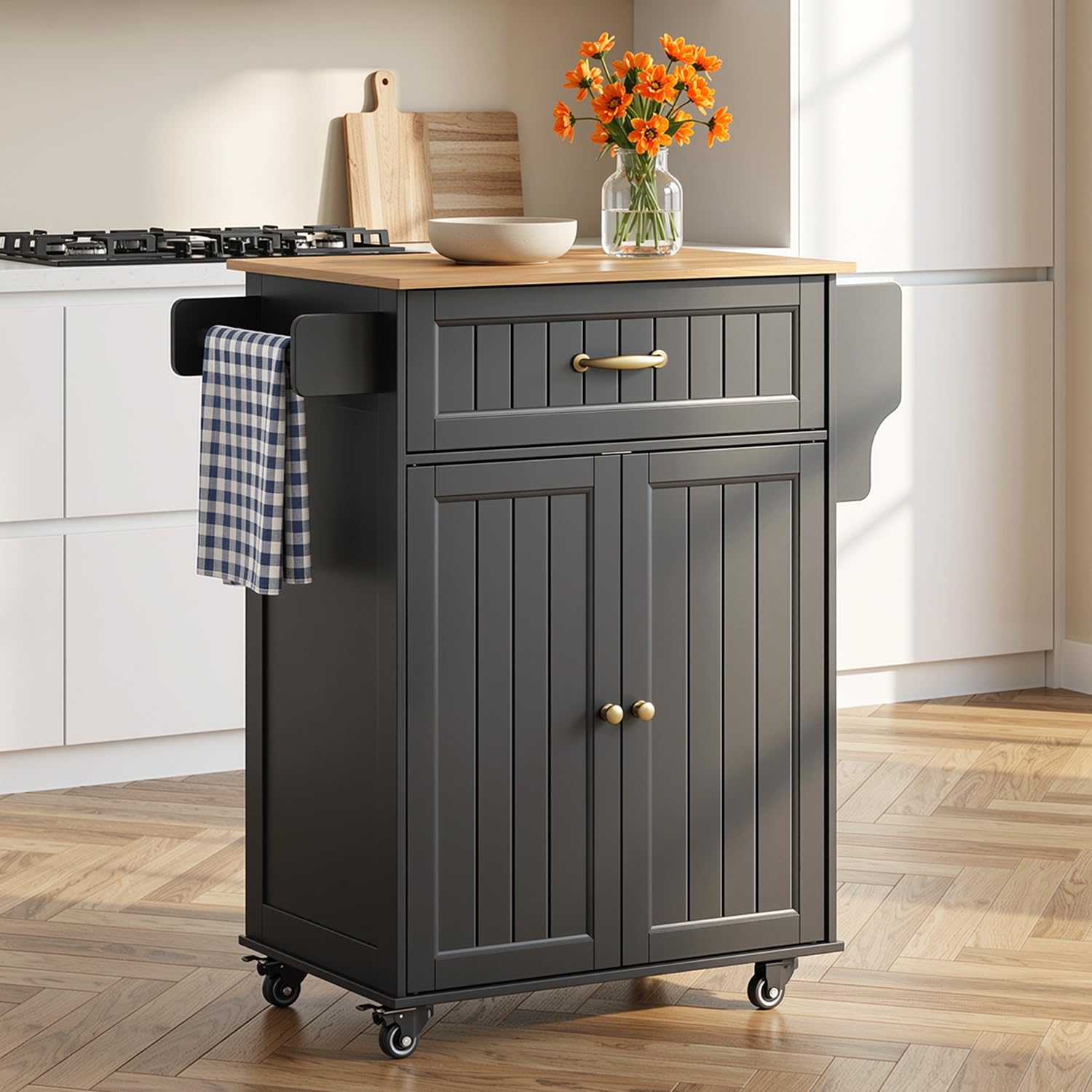 Desserte de Cuisine à roulettes, Îlot de Cuisine Mobile avec 1 Tiroir et 2 Placards, Porte-torchons, étagère réglable, pour Salle à Manger, Salon, 84 × 45 × 85 cm, Noir