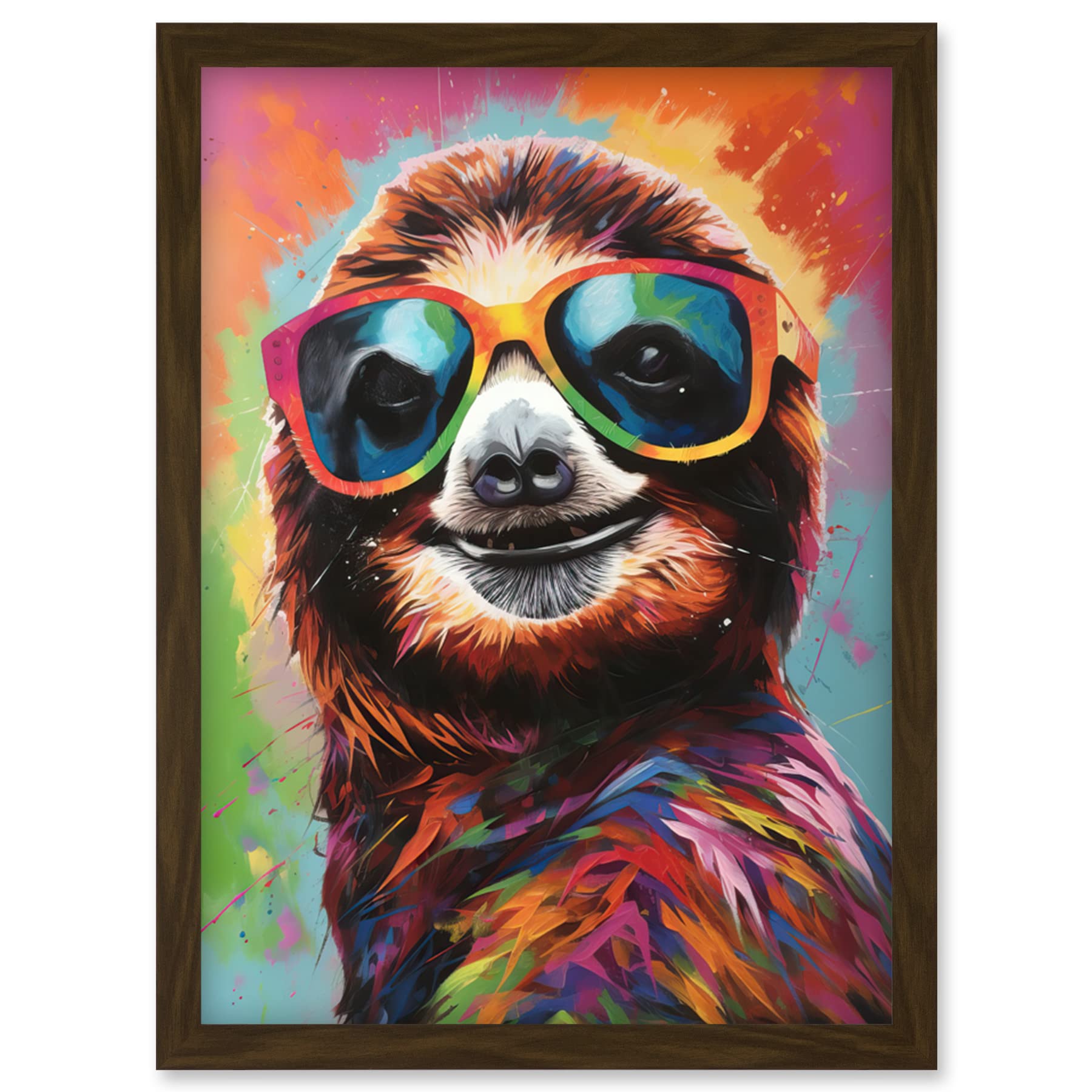 Artery8 Multicoloured Smiling Sloth Wearing Sunglasses Artwork Framed Wall Art Print A4