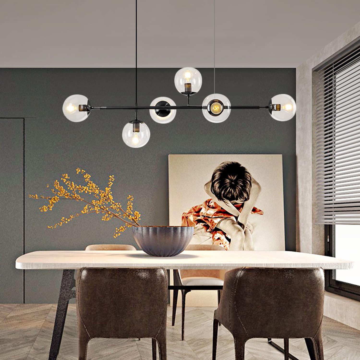 KCO Clear Glass Pendant Light 6-Light Adjustable Hanging Light Fixture Mid Century Chandelier Vintage Pendant Light for Kitchen Island Dining Room Bedroom (Black+Clear)