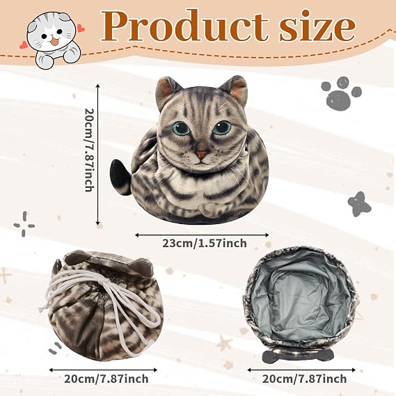 Cat Shaped Drawstring Makeup Bag, Portable Travel Kitten Cosmetic Bag, Flat Lay Toiletry Bag Funny Cat Cosmetic Pouch, Soft Makeup Bag Organizer for WomenCat Lovers