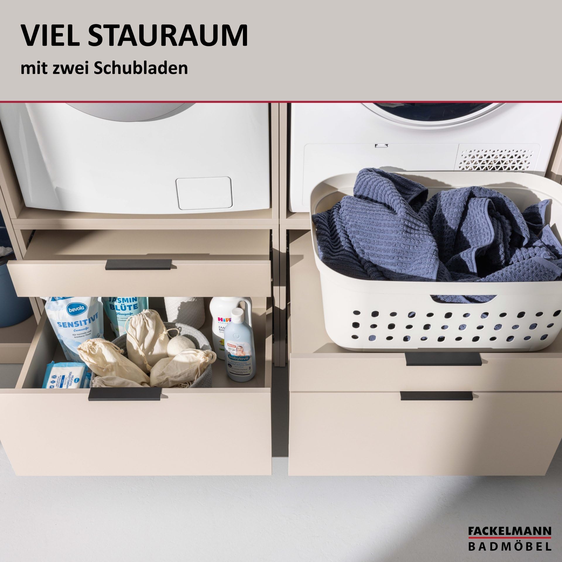 FACKELMANN Unterbau-Schrank – 65 x 50 x 65 cm, Kaschmir, Made in Germany | Hauswirtschaftsschrank mit 2 Schubladen & Softclose, Auszug für Wäschekörbe, kombinierbarer Mehrzweckschrank