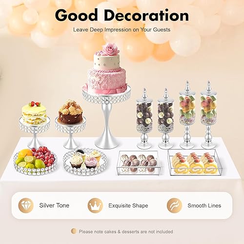 Miniatura 4 de Juego de 11 soportes plateados para tartas para fiestas, soporte de pastel de cristal, soporte para cupcakes, postres, pastelería, dulces, placa de