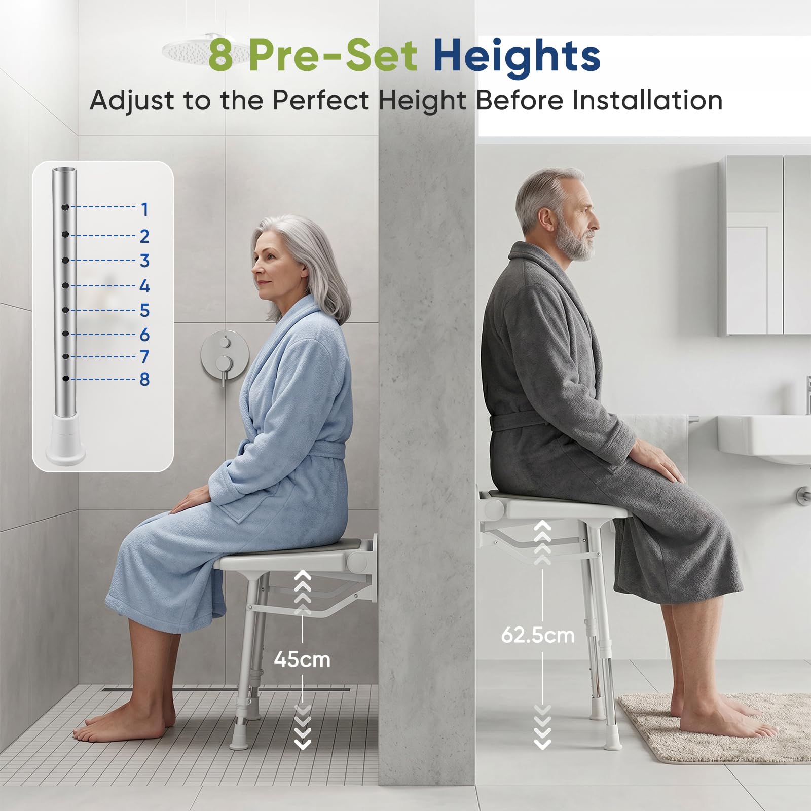 Asiento de ducha plegable montado en la pared, capacidad de 150 kg, 8 ajustes de altura preestablecidos, mango integrado oculto, soportes de ducha dobles integrados, banco de baño resistente