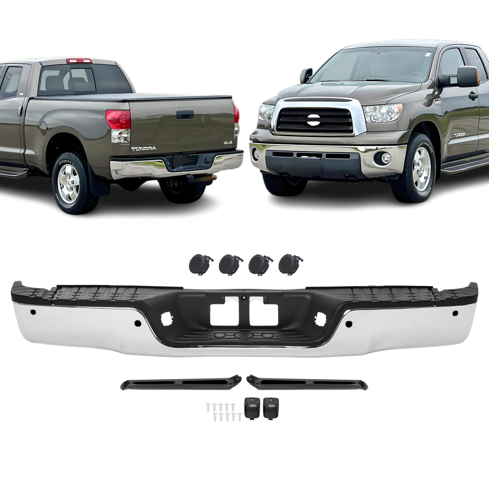 Rear Bumper Assembly Replacement for 2007 2008 2009 2010 2011 2012 2013 Toyota Tundra with/without Sensor Hole Truck Back Bumper, Steel Chrome