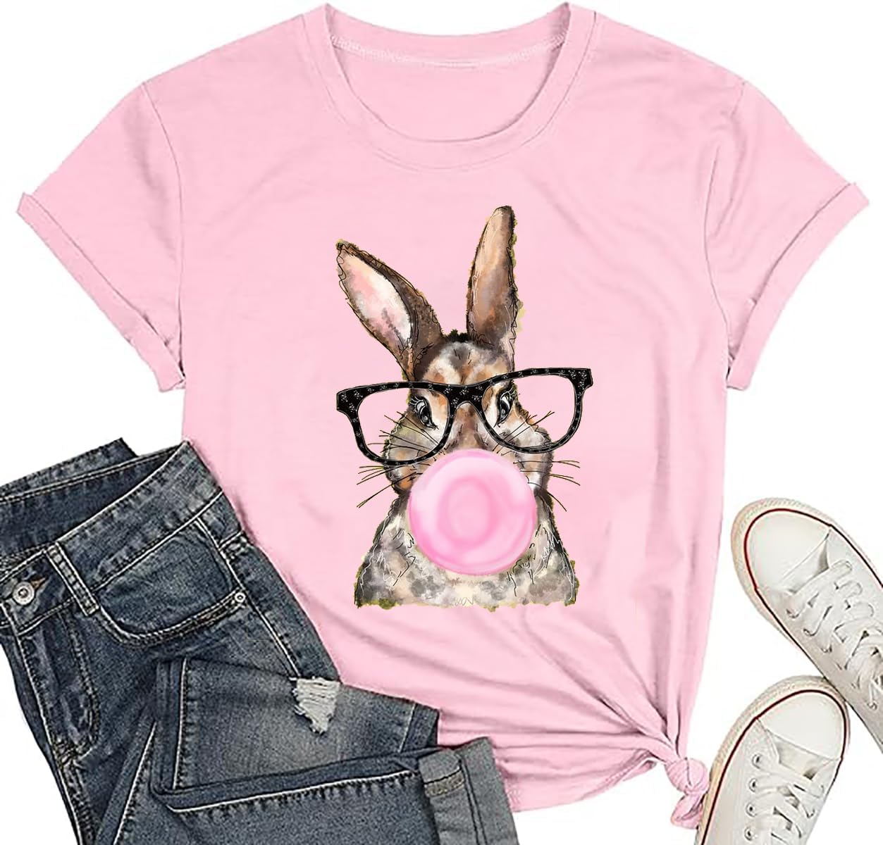 Bunny with Leopard Glasses T-Shirt for Women Cute Easter Bunny Graphic Tees Casual Short Sleeve Shirts Tops
