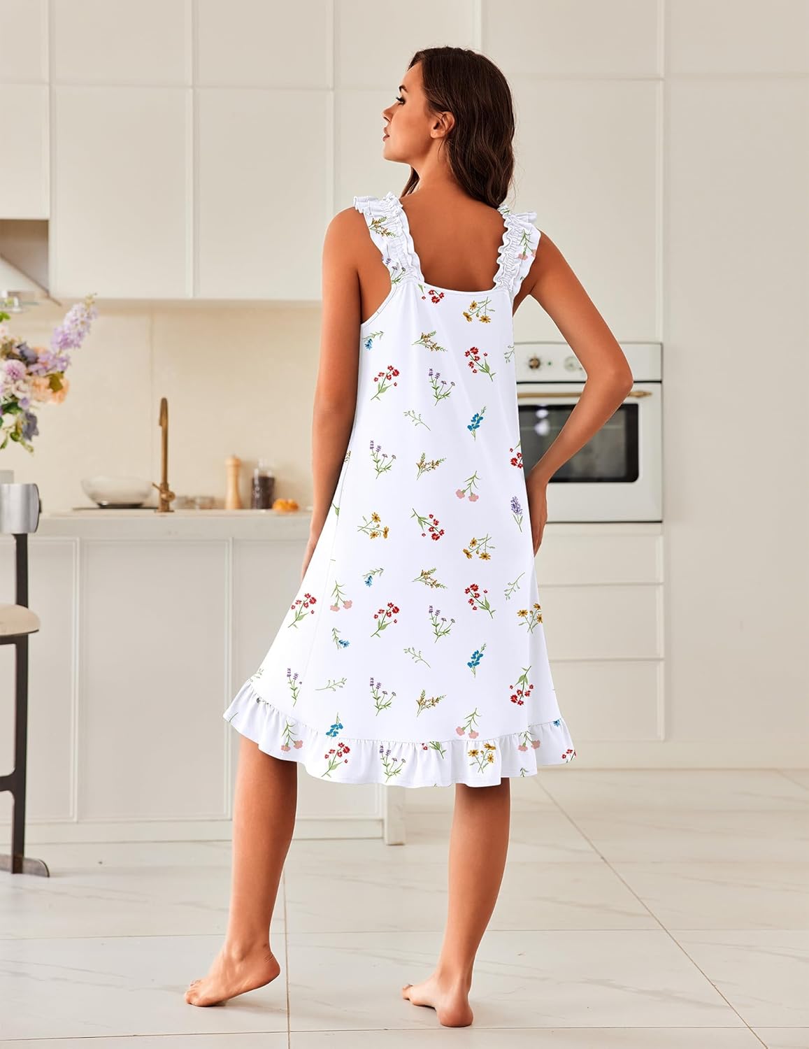 Ekouaer Nightgowns for Women with Pockets Sleeveless Ruffle Tank Night Gowns Floral House Dress Victorian Mumu Dress S-3XL - Image 6