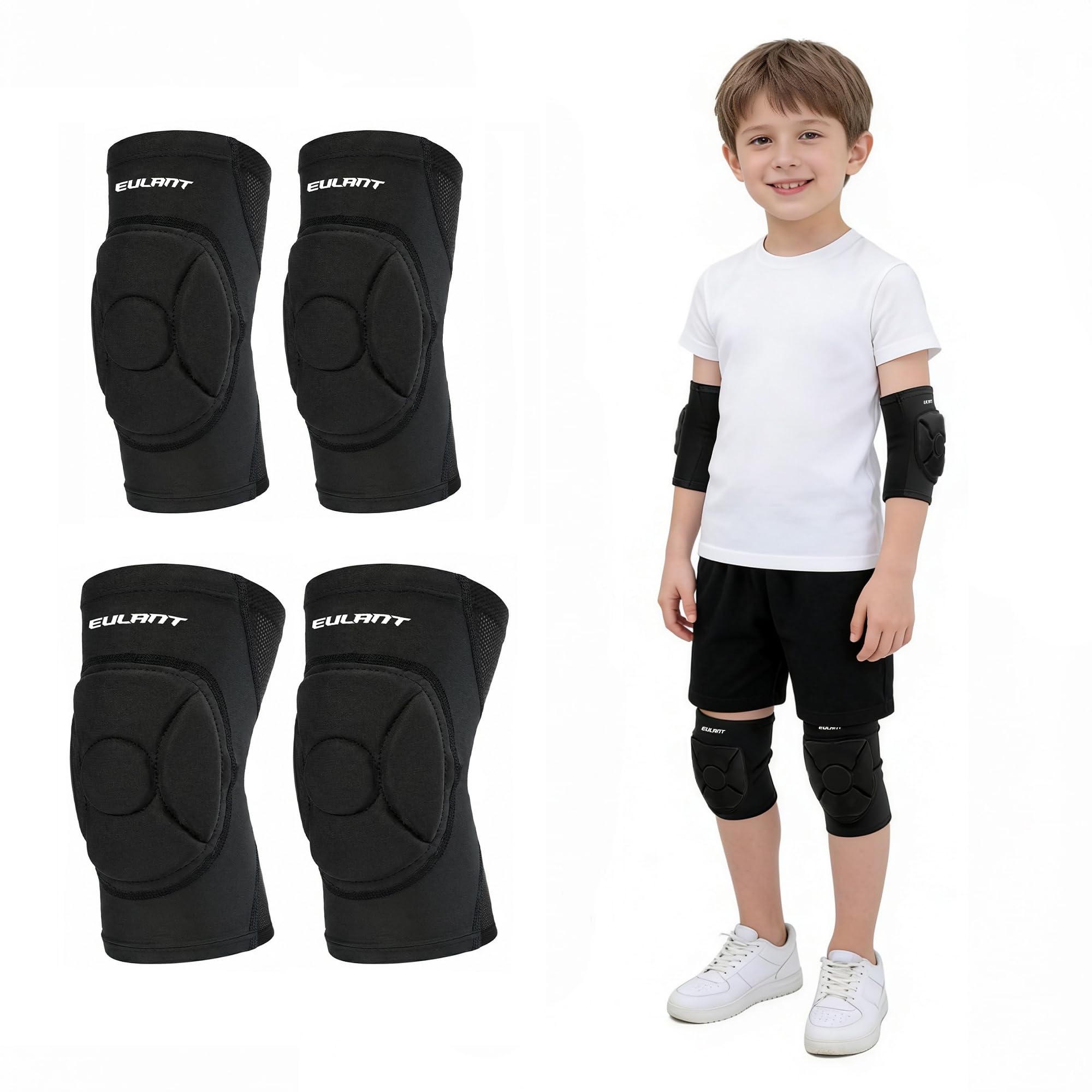 EULANT Knieschoner und Ellenbogenschoner Set für Kinder/Jugend,Dehnbar Kinder Schonerset für Tanz/Torwart/Volleyball/Fussball/MTB/Skaten/Radfahren/Skateboard/Roller/Gymnastik/Ringen, Atmungsaktiv, M