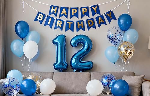 Miniatura 26 de Decoraciones de cumpleaños número 10, color azul para niños y niñas, pancarta de feliz cumpleaños número 10, globos de papel de aluminio de látex