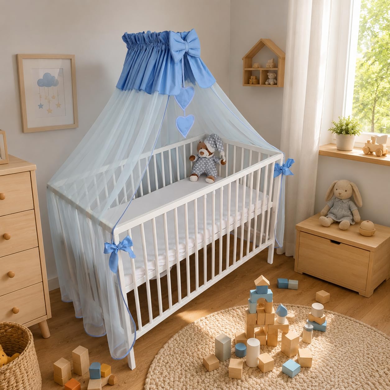 Moskitonetz für Babybett 480 × 165 cm, kompletter Baldachin mit Rahmen (Blau)